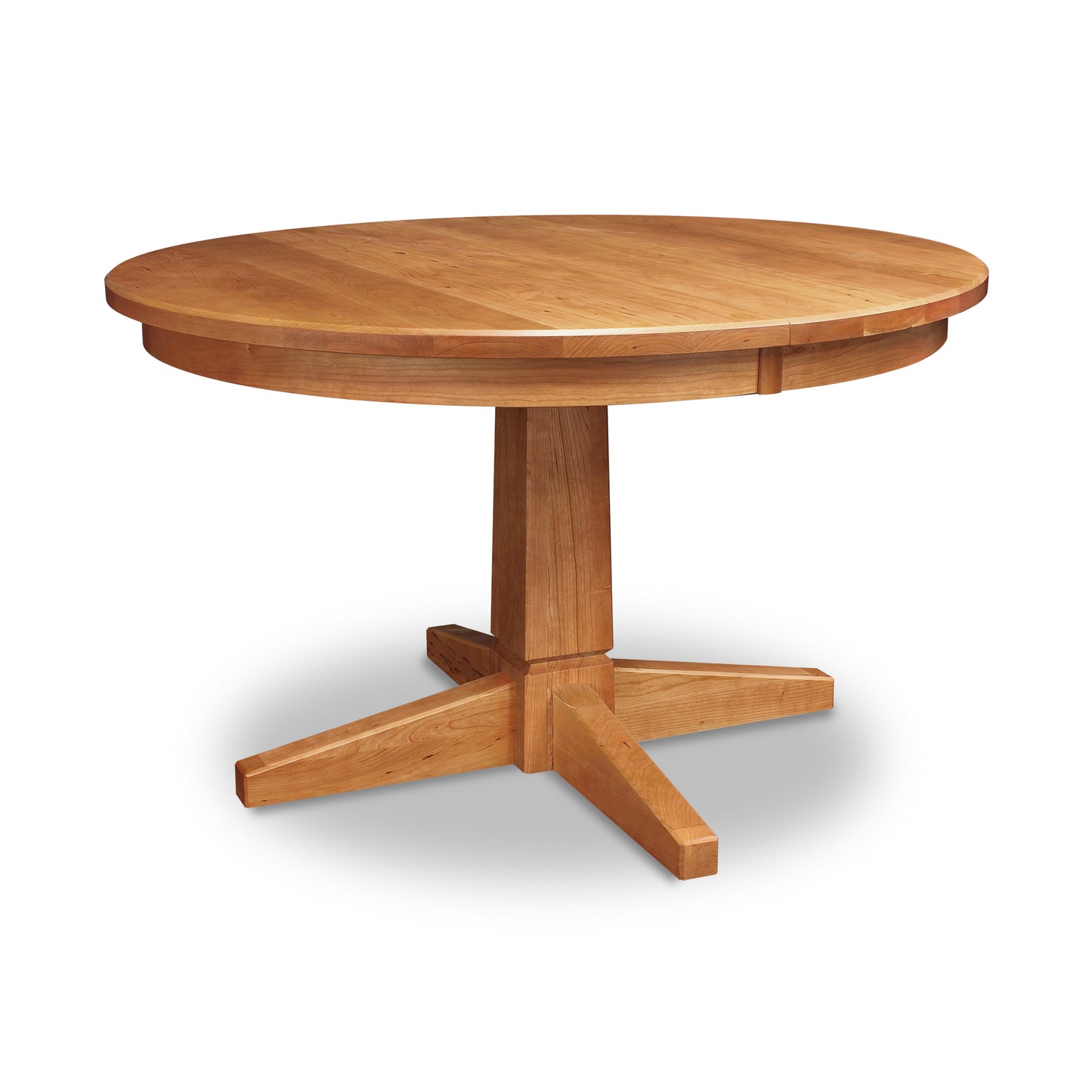 Handcrafted Lyndon Furniture Natural Vermont Single Pedestal Round Extension Table, American made, showcasing high-quality wood craftsmanship and elegant design.