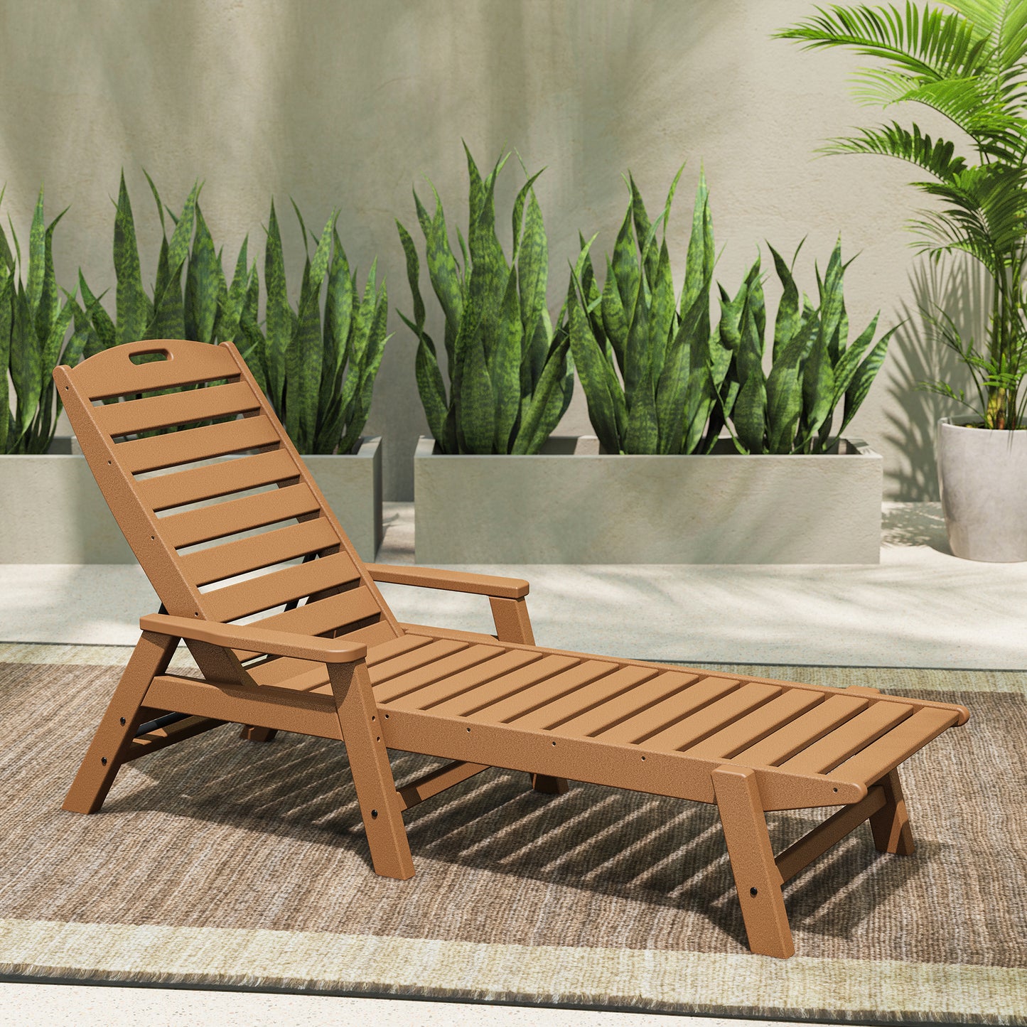 Brown POLYWOOD Nautical Chaise with Arms, crafted for durability and comfort, featured prominently as a stylish outdoor seating option.