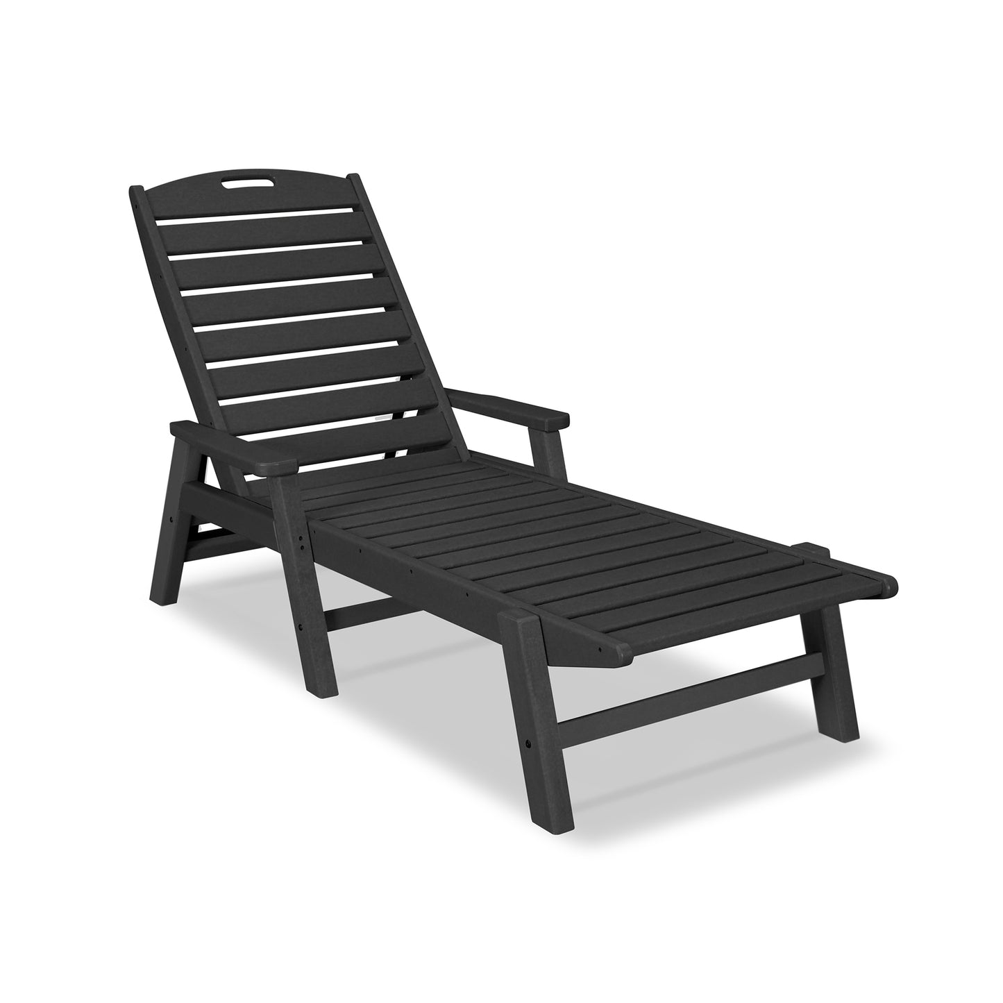 POLYWOOD Nautical Chaise with Arms in black, showcasing a classic slatted backrest and armrests.