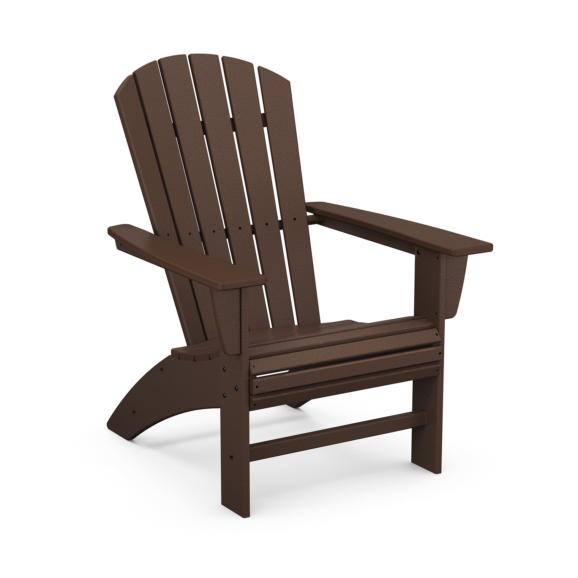 POLYWOOD Nautical Curveback Adirondack Chair featuring a slatted back, wide armrests, and curved legs for eco-friendly outdoor relaxation.