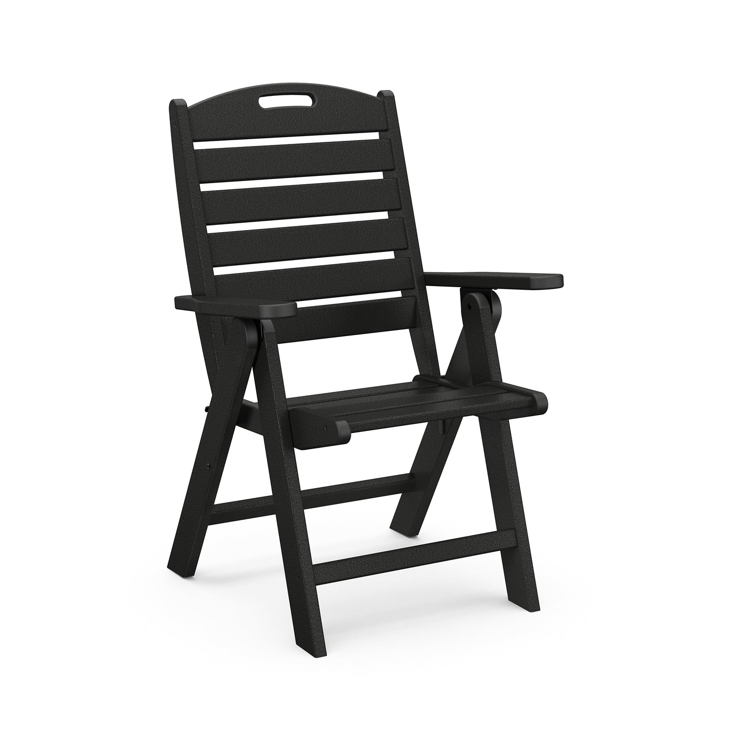 Black POLYWOOD Nautical Highback Folding Dining Chair with slatted back, armrests, and top handle cutout.