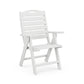 White POLYWOOD Nautical Highback Folding Dining Chair with armrests, highlighting its elegant design and functionality for outdoor patio use.