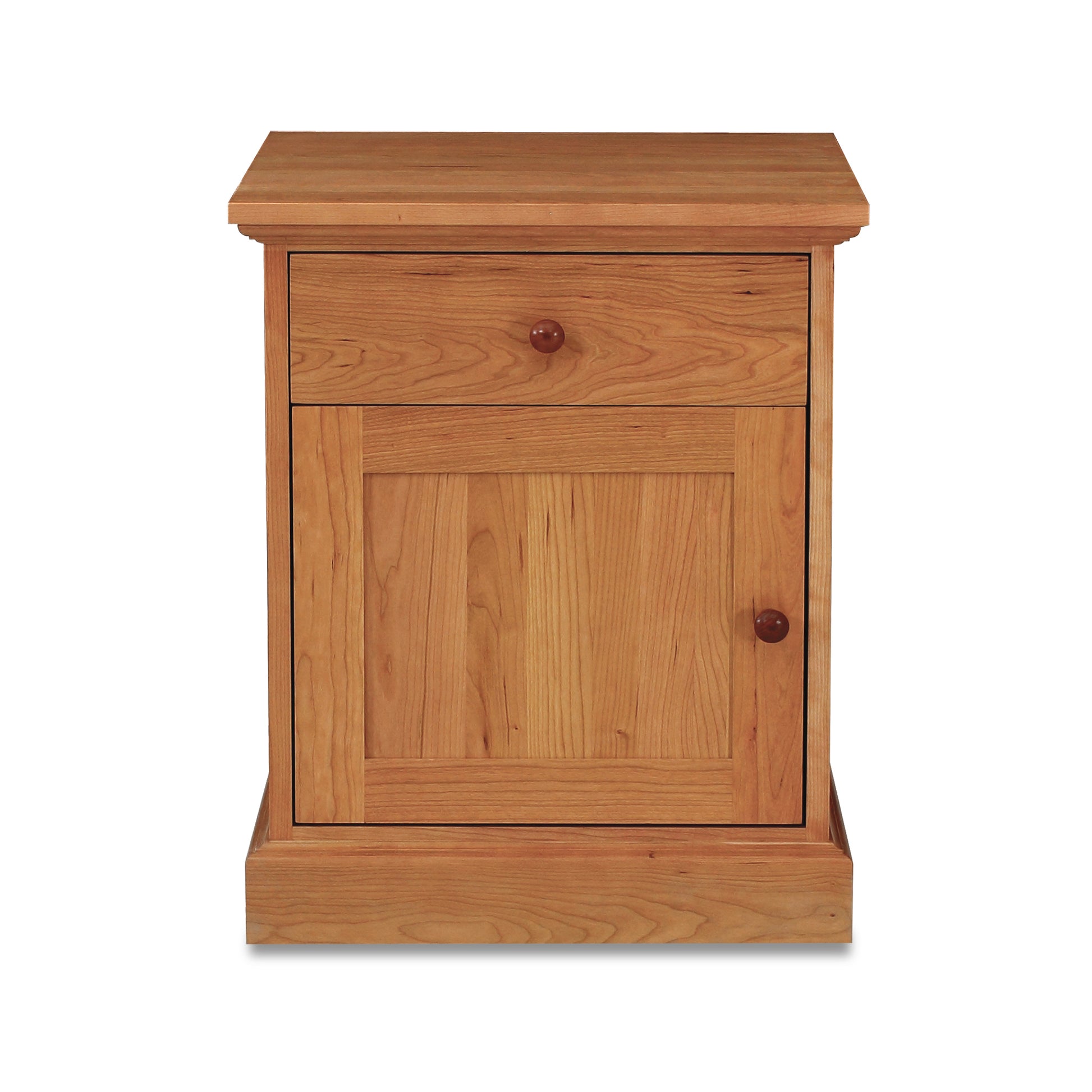 Lyndon Furniture New England Shaker 1-drawer nightstand with door, crafted from solid hardwood and featuring round wooden knobs.
