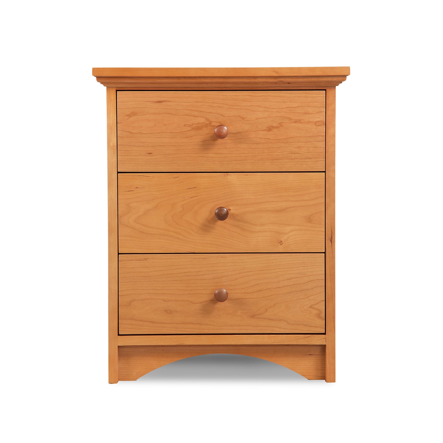 Lyndon Furniture New England Shaker 3-Drawer Nightstand with Arched Base, handcrafted in solid wood, featuring classic Shaker design and clean lines.