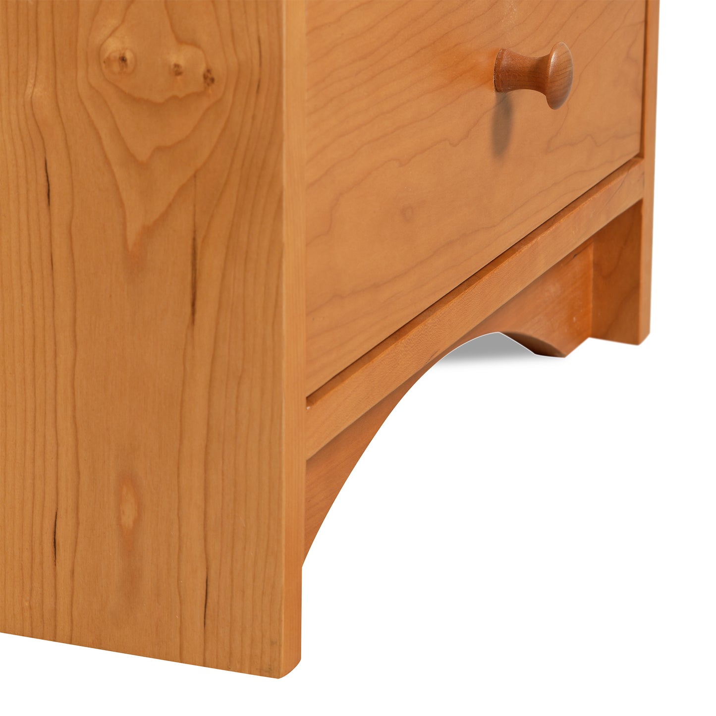 New England Shaker 3-Drawer Nightstand by Lyndon Furniture, featuring an arched base and detailed drawer fronts in solid wood craftsmanship.