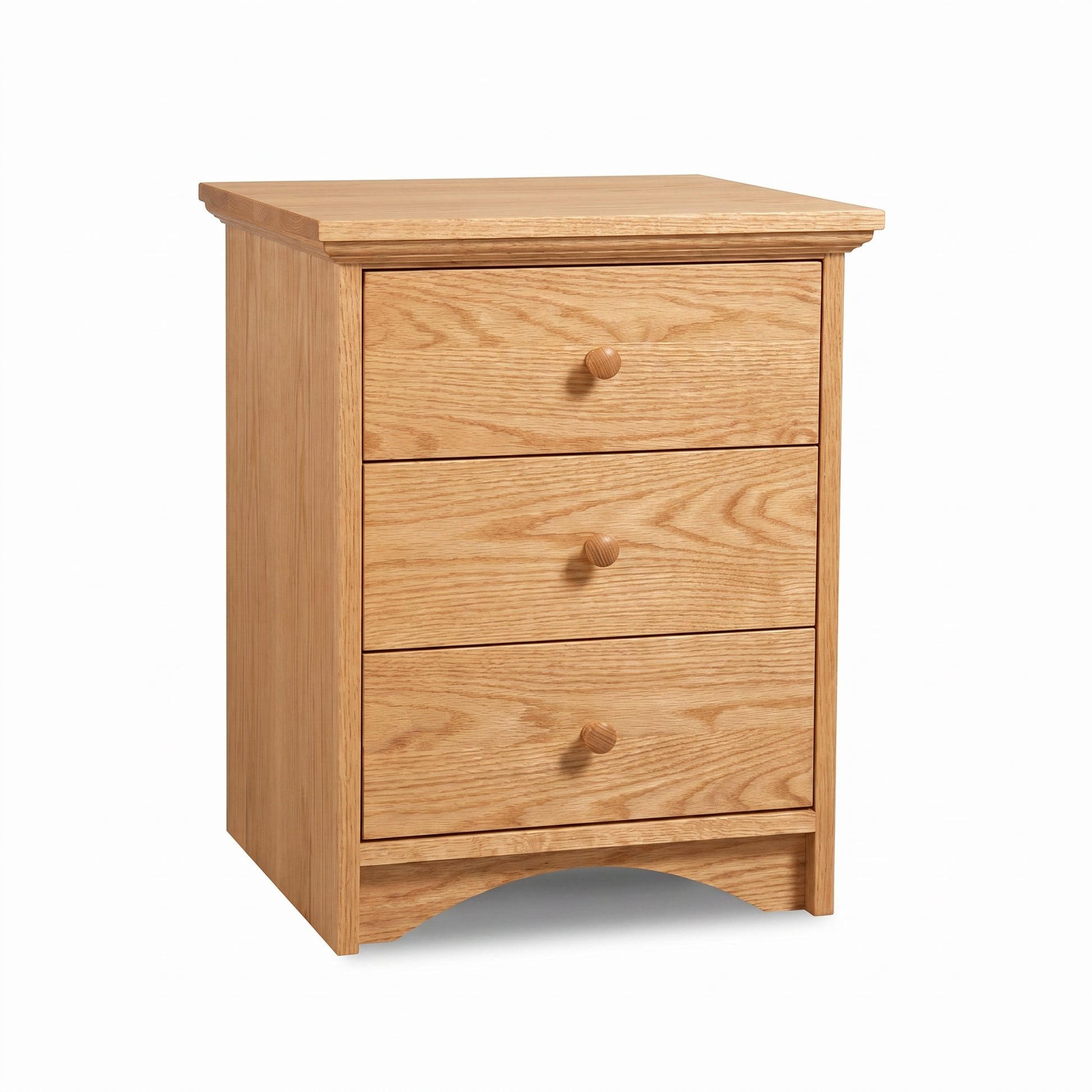 Lyndon Furniture New England Shaker 3-Drawer Nightstand features arched base and natural finish, expertly crafted in solid wood, American made.