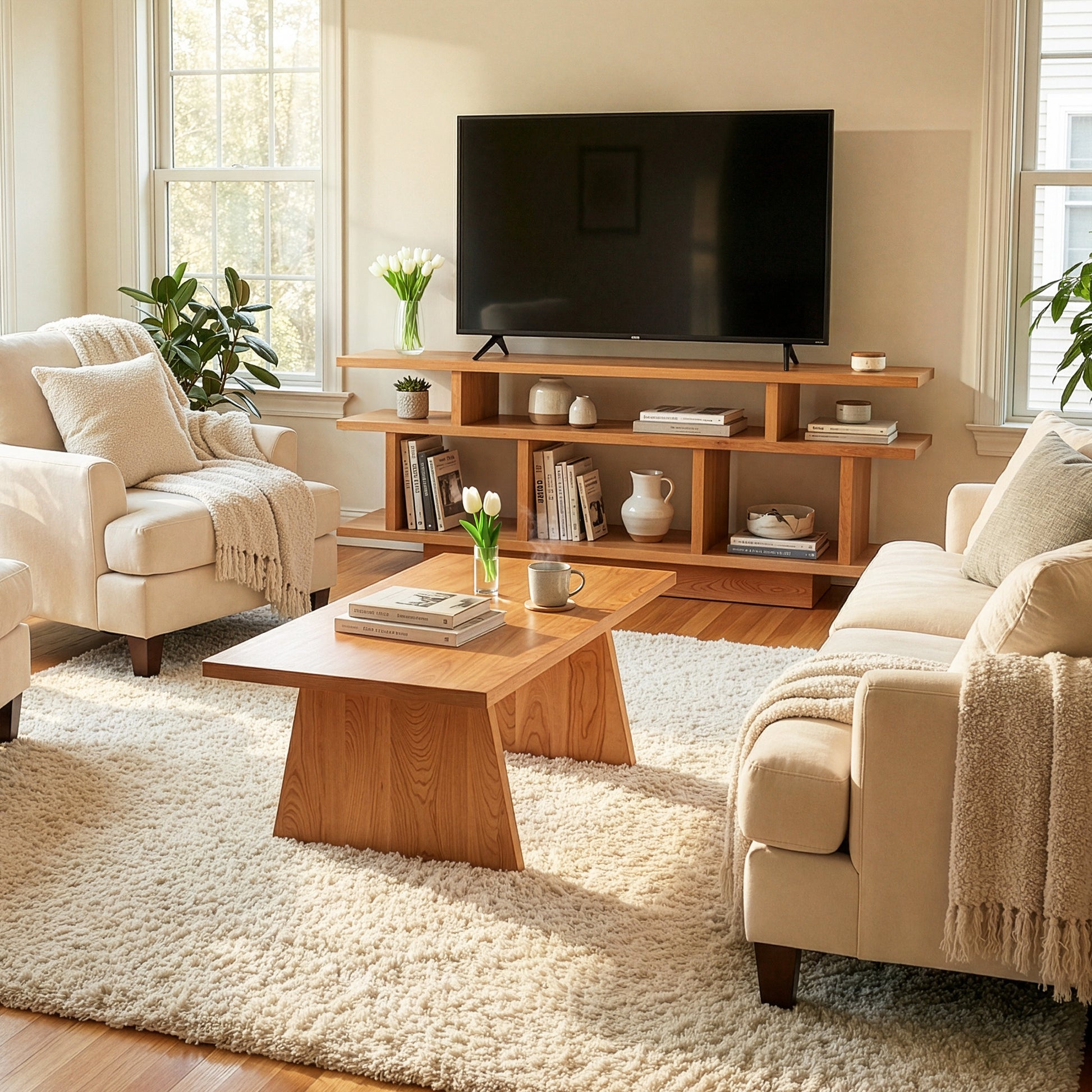 New York Contemporary TV Stand by Lyndon Furniture, crafted in wood, showcased with beige sofas and a coffee table in a modern living room.