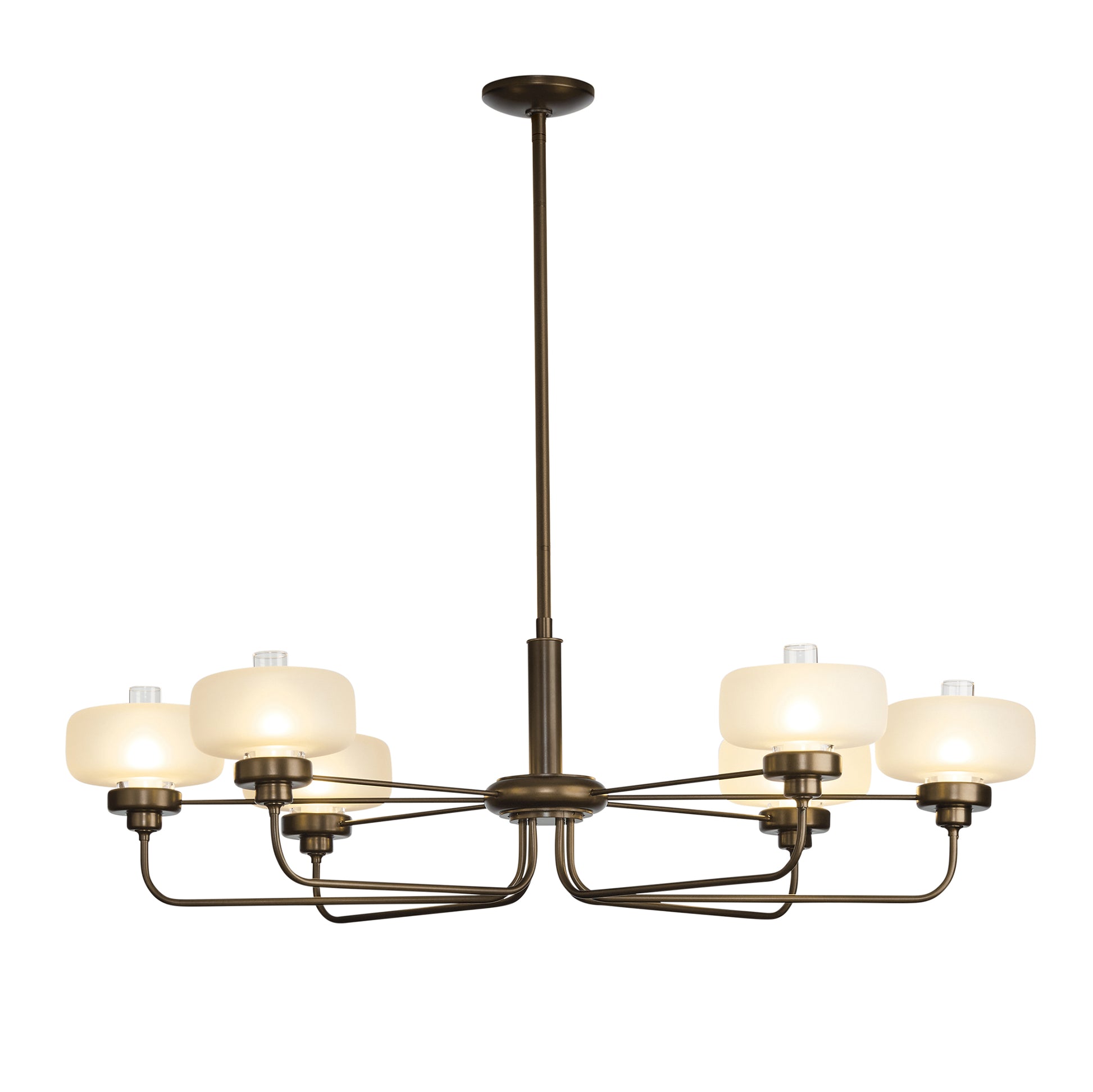 Brass Nola Pendant chandelier by Hubbardton Forge, featuring 8 frosted glass shades in a handcrafted, eco-friendly circular design.