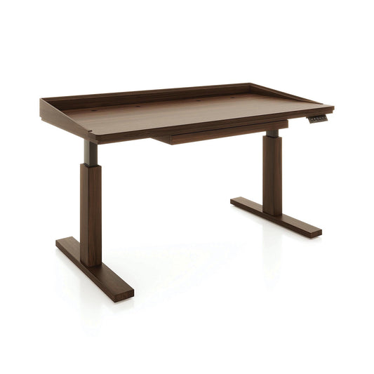Odin Sit-Stand Desk by Copeland Furniture, crafted in brown wood with sturdy metal legs and electronic controls for adjustable height. American made quality.
