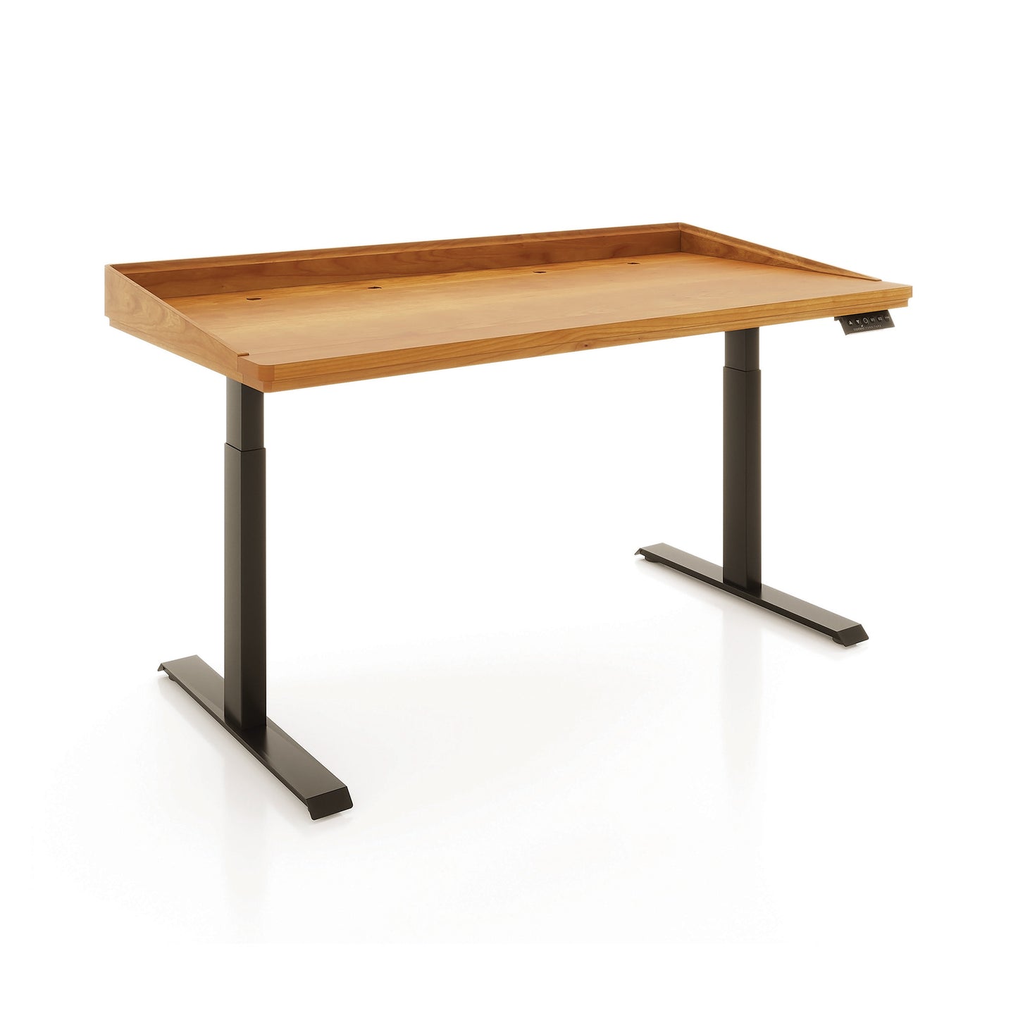 Odin Sit-Stand Desk by Copeland Furniture with solid wood top and sturdy black metal legs, handcrafted in Vermont, American-made quality.