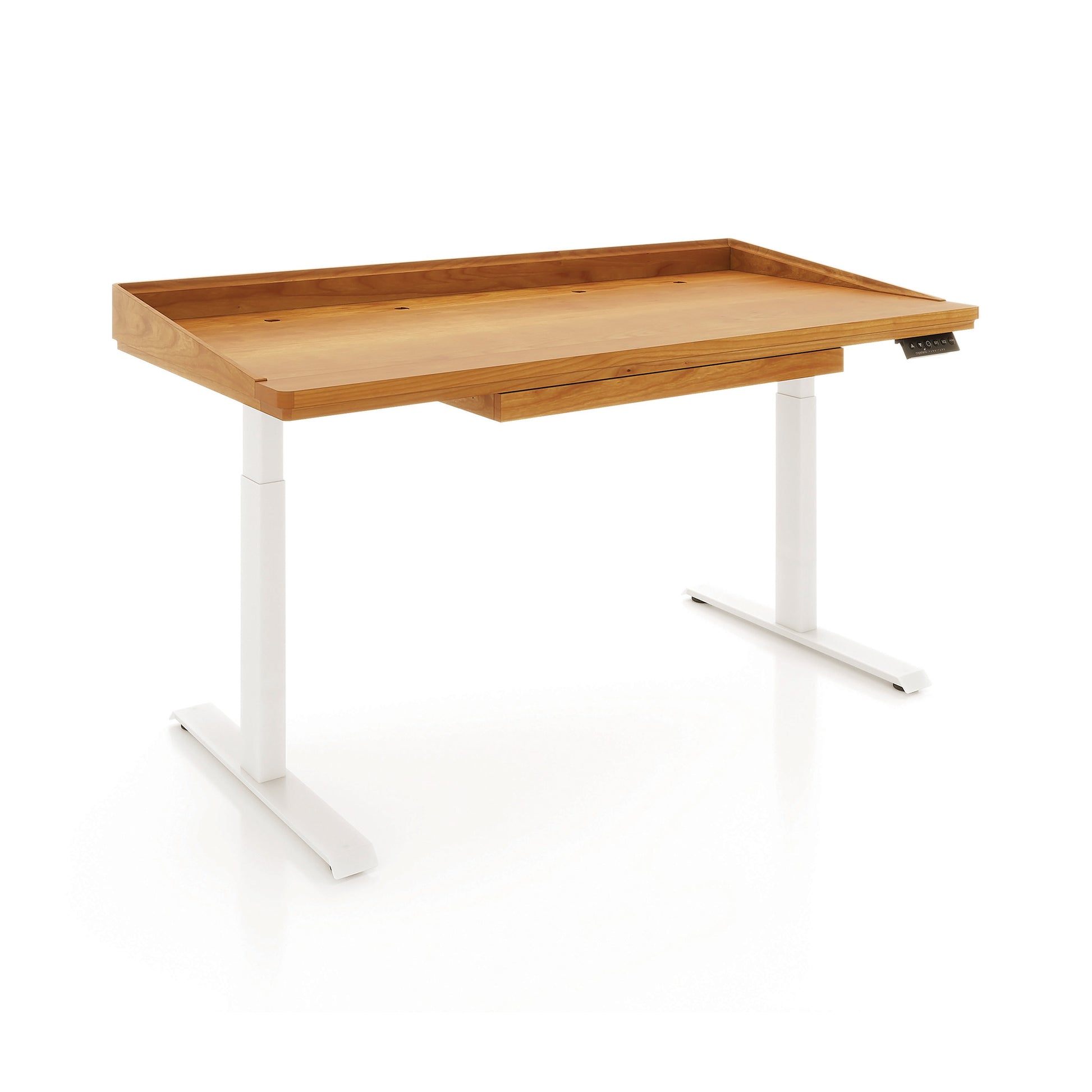 Odin Sit-Stand Desk by Copeland Furniture with a raised edge, sleek white adjustable legs, and convenient right-side control panel shown prominently.