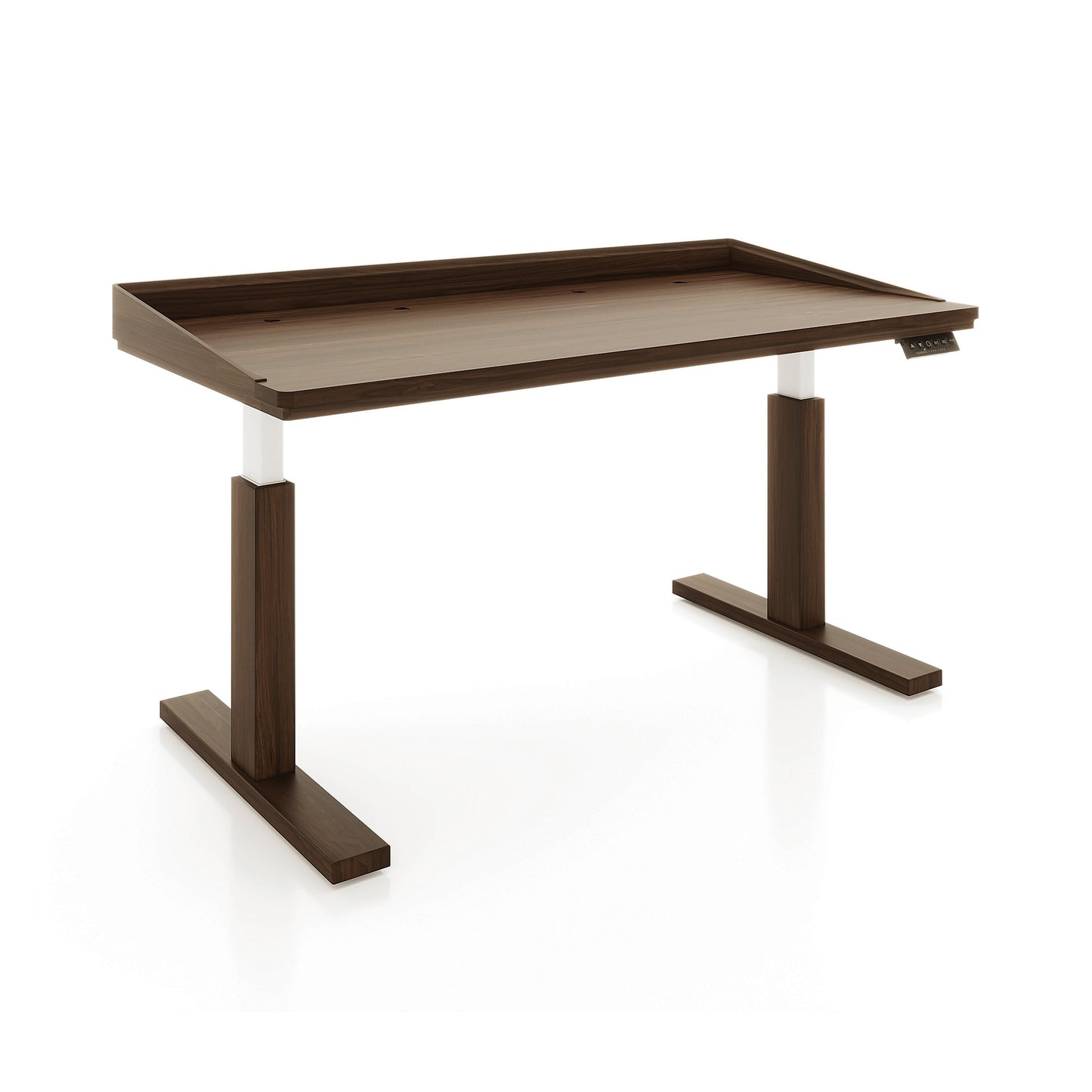 Odin Sit-Stand Desk by Copeland Furniture with sleek white supports, modern control panel, and ergonomic height adjustments; high-quality American craftsmanship.