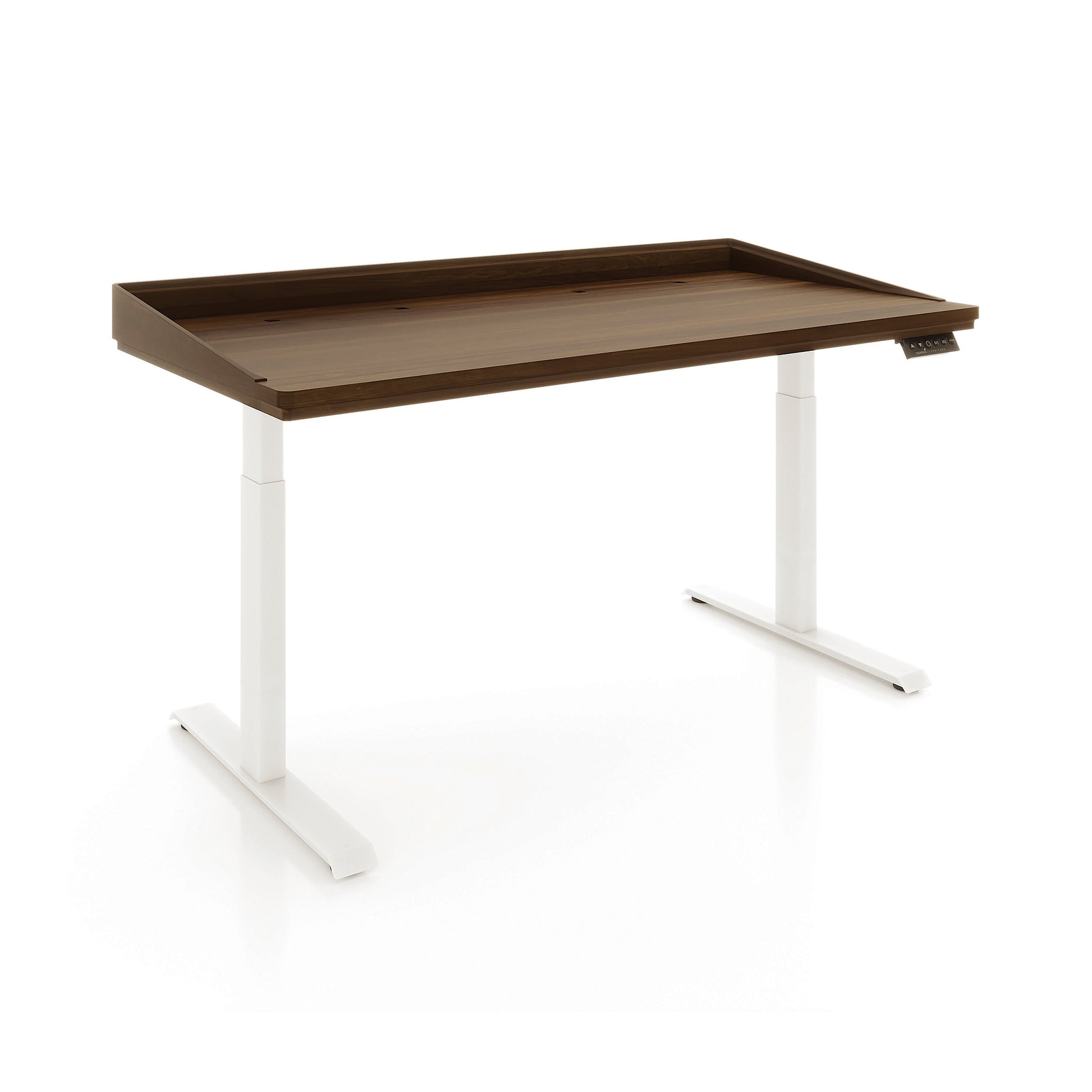 Odin Sit-Stand Desk by Copeland Furniture with dark wood top, raised edges, and sleek white adjustable legs. Premium American-made craftsmanship.