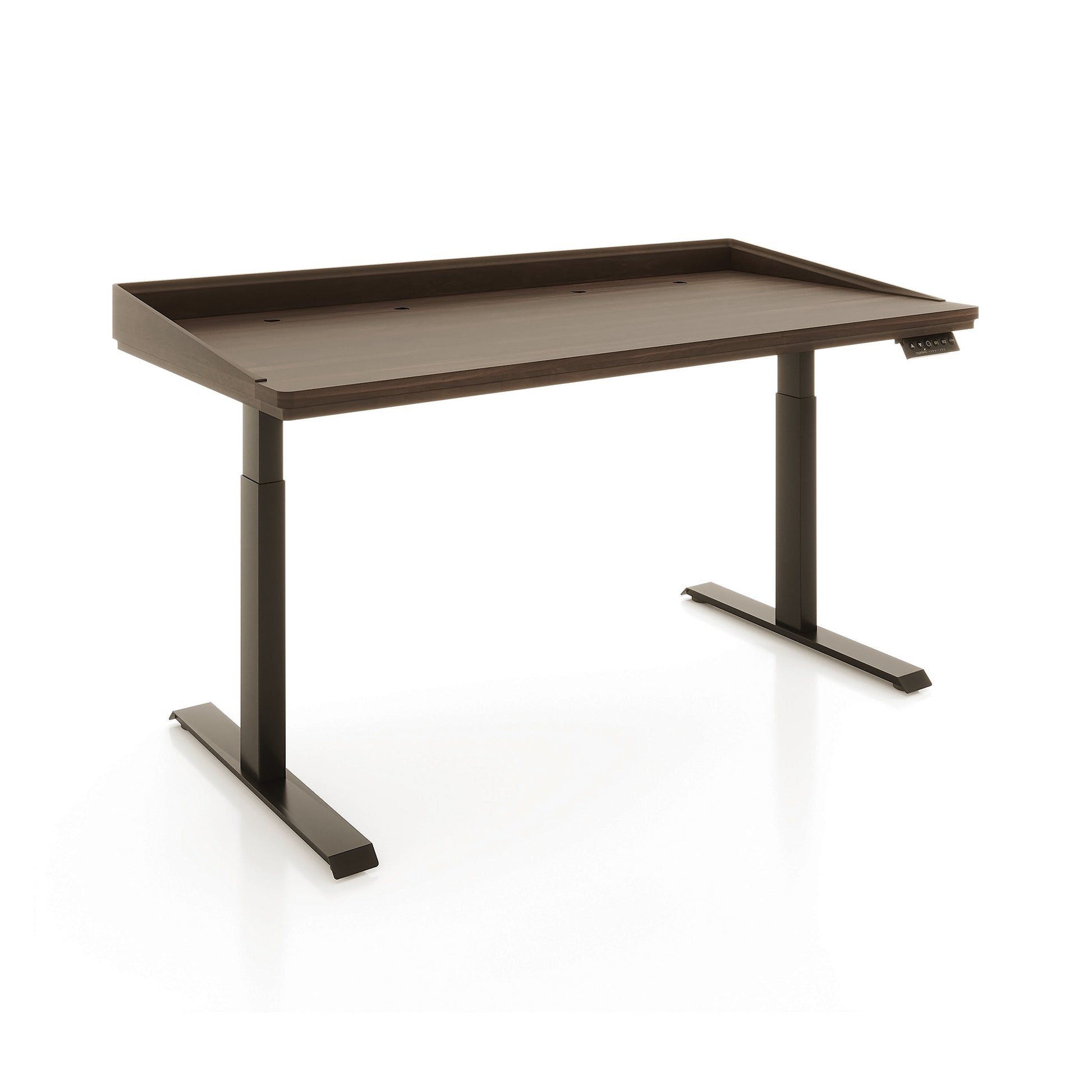 Odin Sit-Stand Desk by Copeland Furniture in dark brown hardwood with adjustable metal legs and right-side keypad, handcrafted in Vermont.