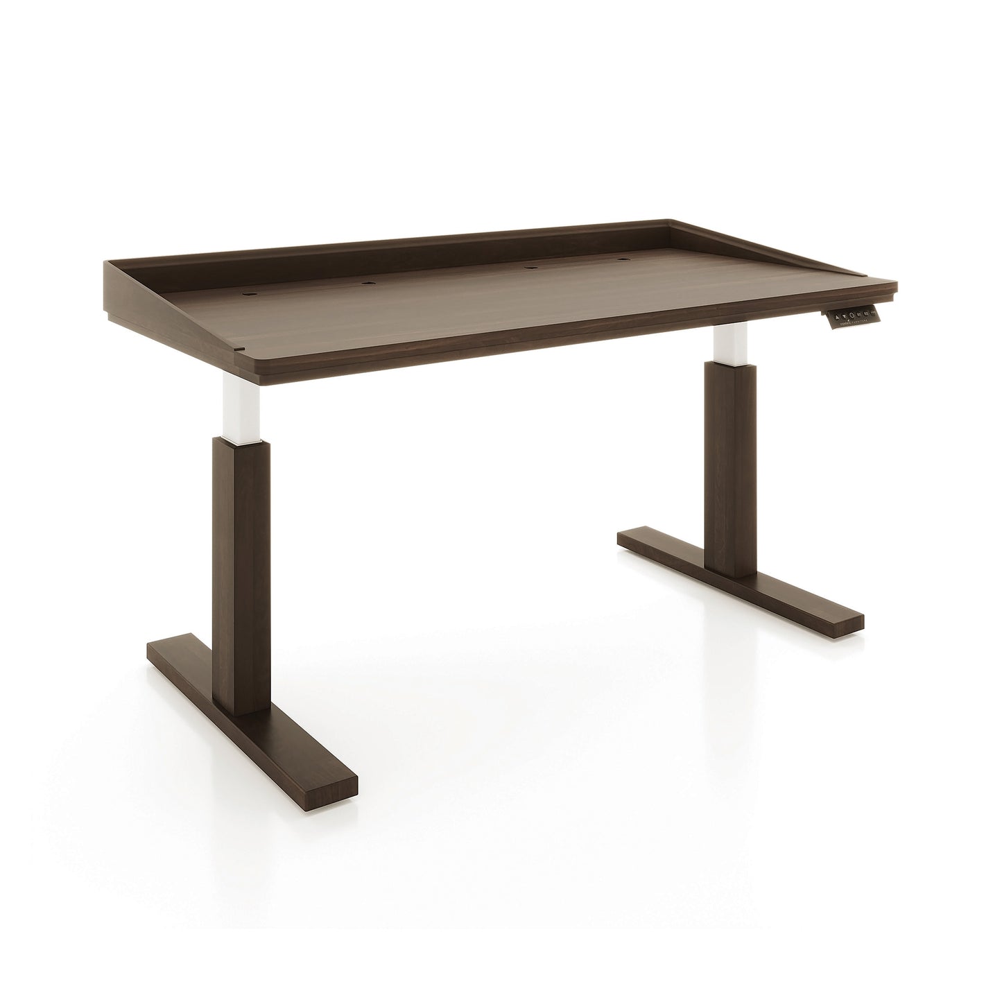 Odin Sit-Stand Desk by Copeland Furniture with a dark wood top and white-brown legs, crafted in America from quality materials.