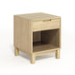 Solid oak Oslo 1-Drawer Enclosed Shelf Nightstand by Copeland Furniture, featuring a light natural finish with a drawer and open shelf.