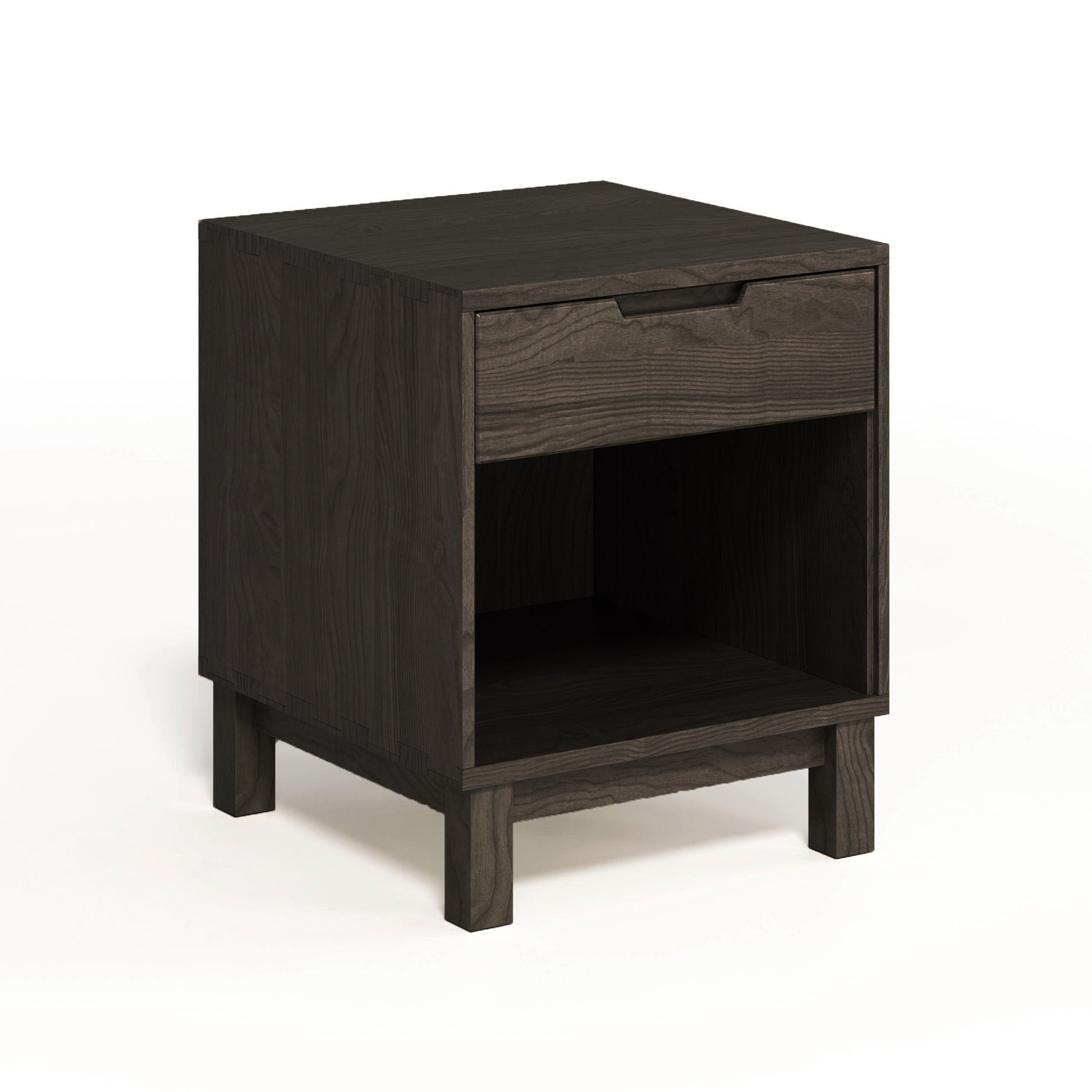 Oslo Nightstand by Copeland Furniture, crafted from solid oak with dovetail joints, featuring a single drawer and an open shelf.