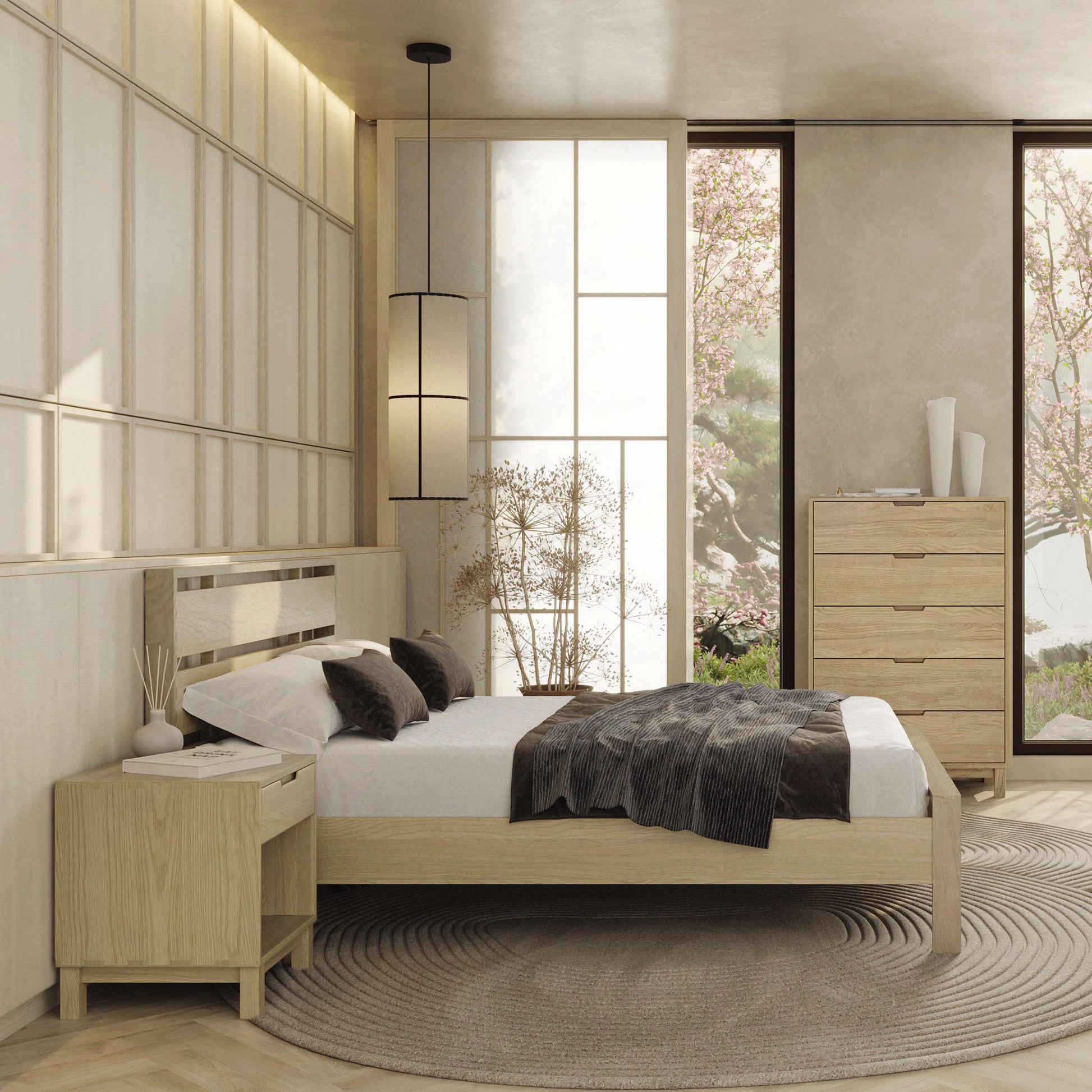 Oslo Platform Bed by Copeland Furniture with matching dresser in a minimalist bedroom, highlighted by soft natural light.