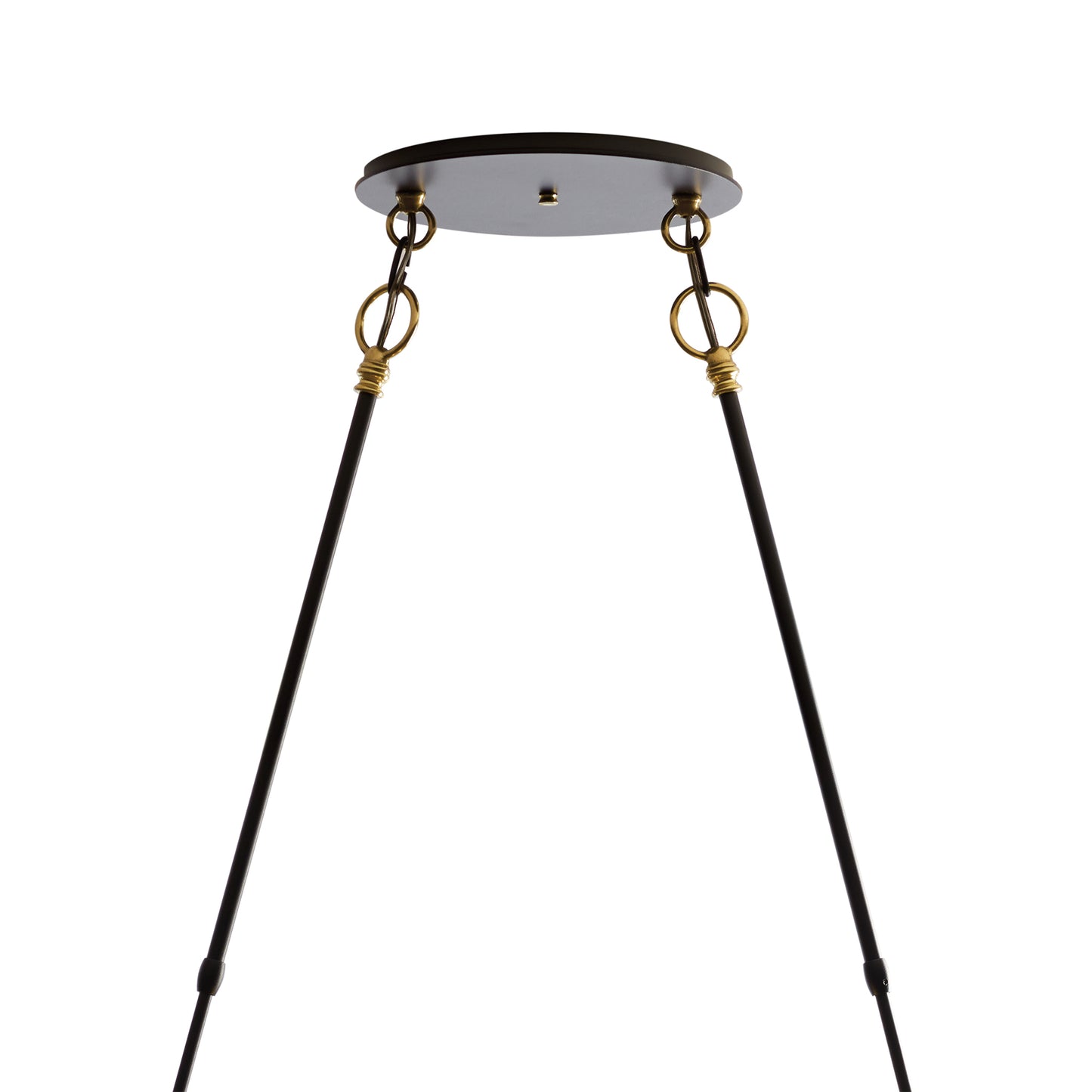 Hubbardton Forge Otto Sphere Pendant: metal chandelier with three black rods and golden rings, showcasing exceptional craftsmanship.