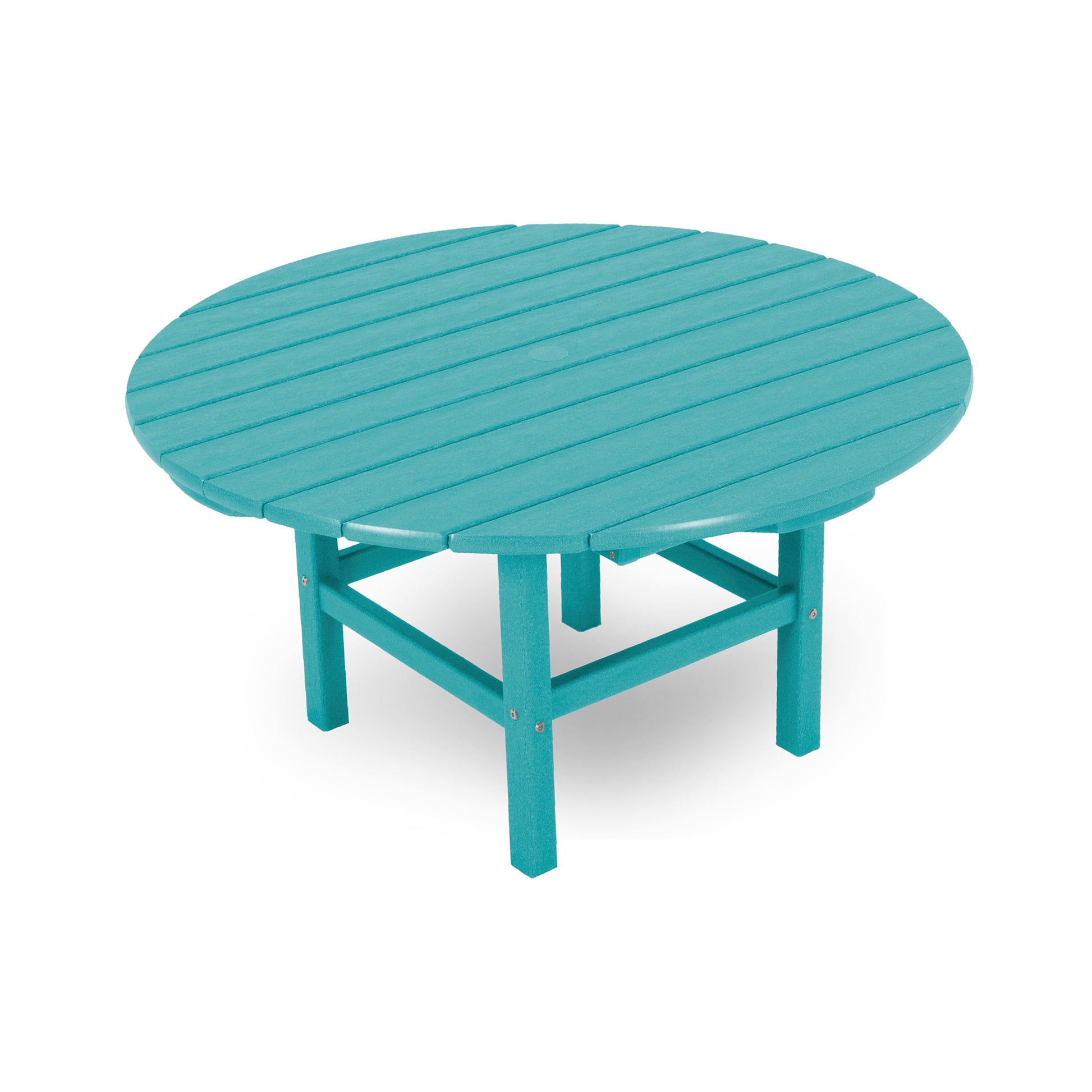 38-inch round POLYWOOD outdoor coffee table in teal, featuring a slatted top and sturdy legs.