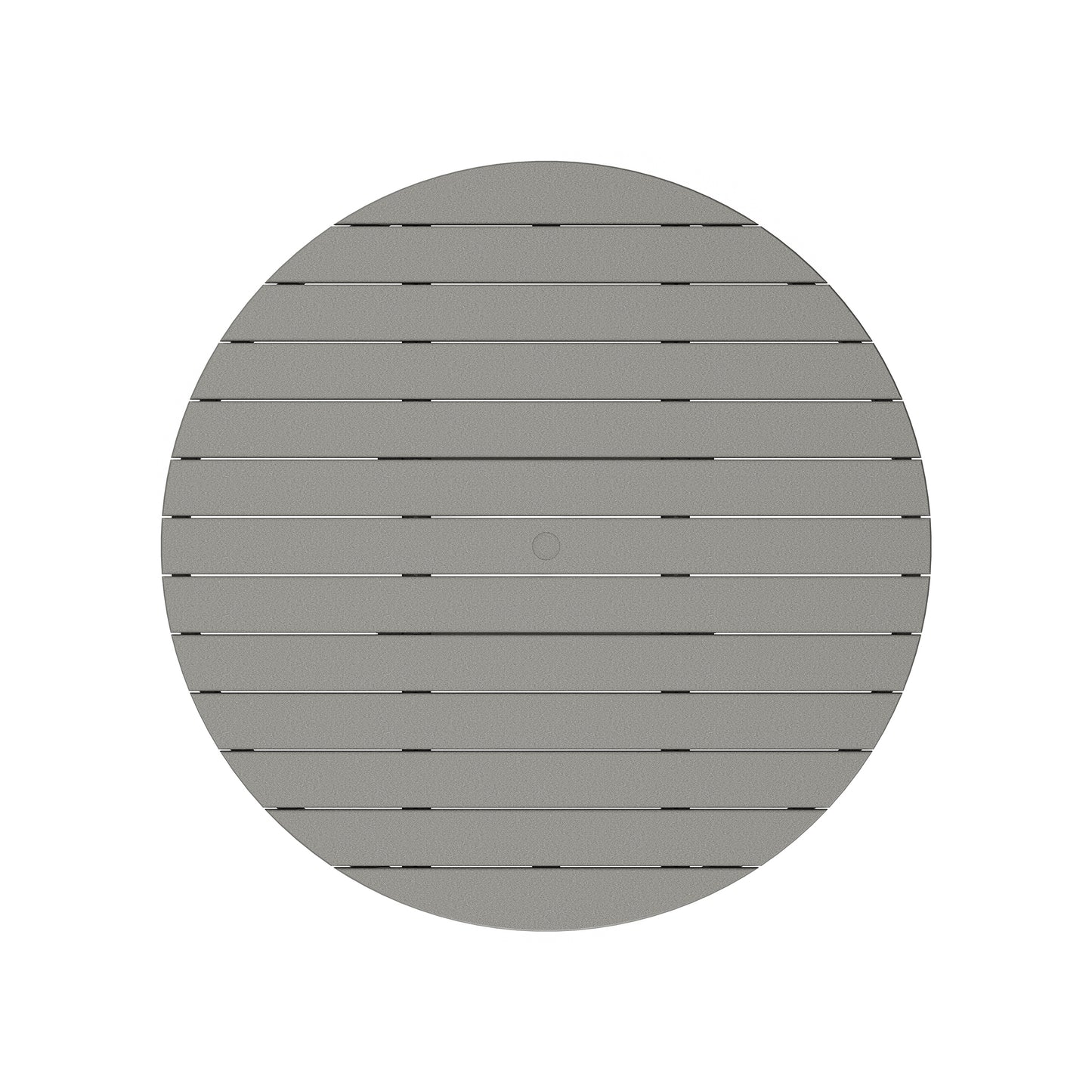 Gray POLYWOOD Outdoor 48" Round Dining Table with slatted design, weather-resistant for outdoor dining.