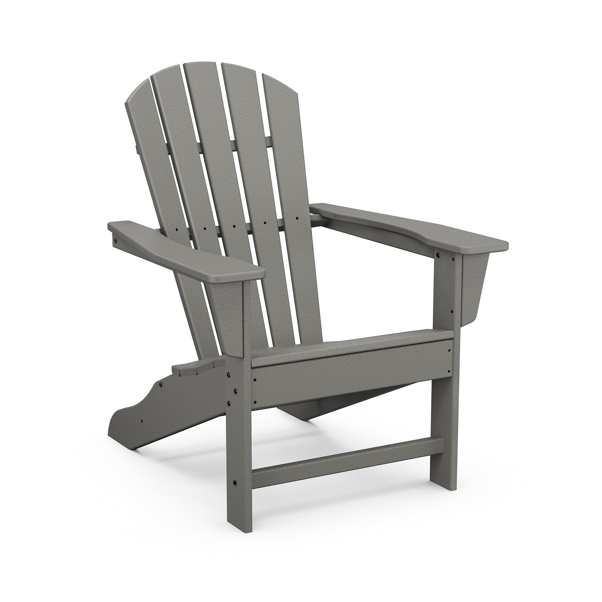 Gray POLYWOOD Palm Coast Adirondack chair with slatted back and wide armrests, displayed on a white background.