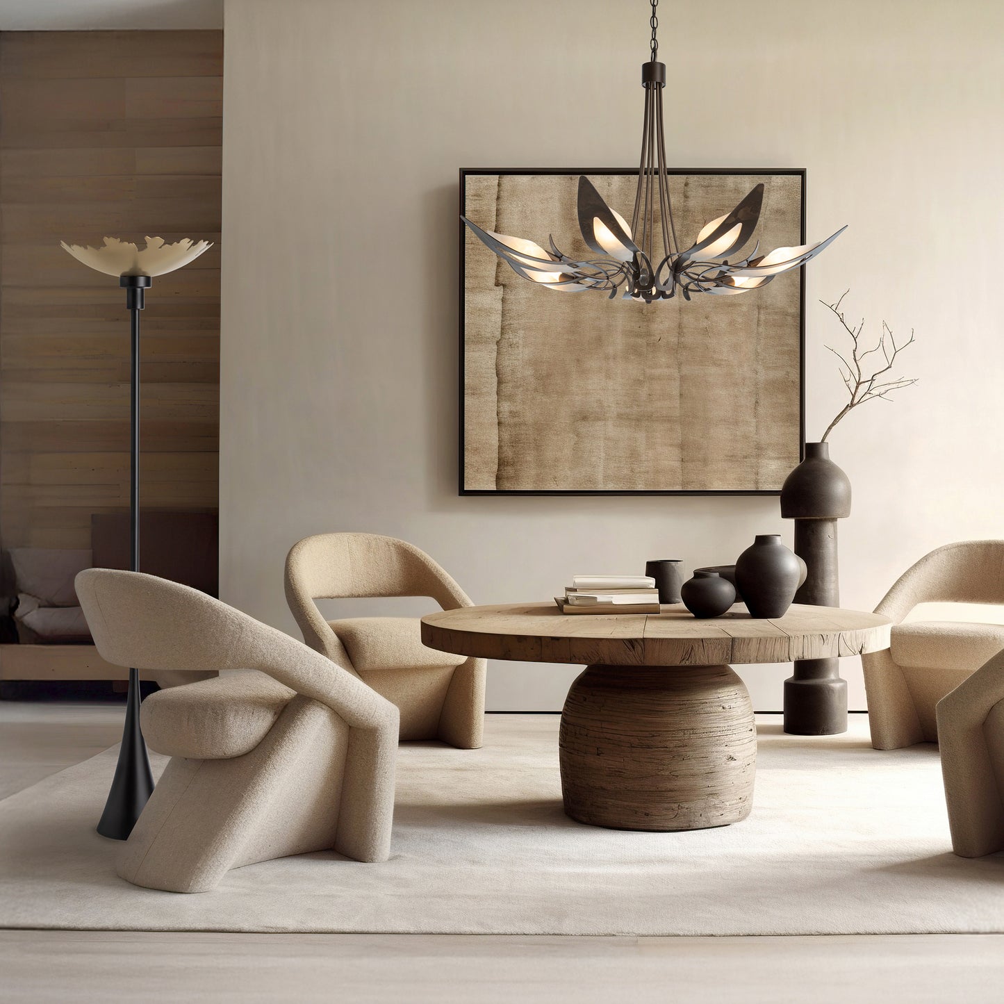 Round wooden dining table with four matching chairs, featuring modern craftsmanship and clean lines.