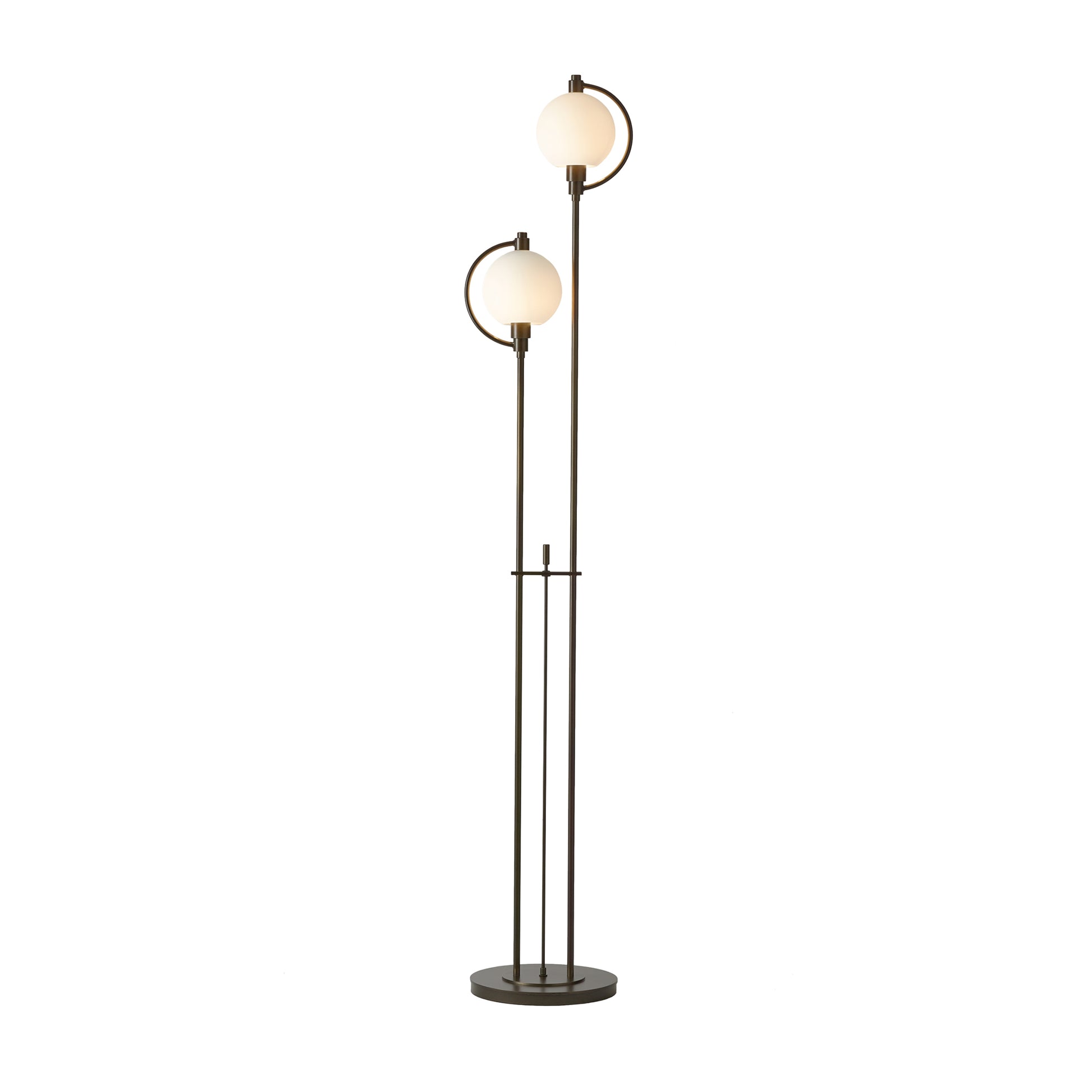 Pluto Floor Lamp by Hubbardton Forge showcasing spherical white shades atop elegant slender poles on a circular base, emphasizing handcrafted artistry.