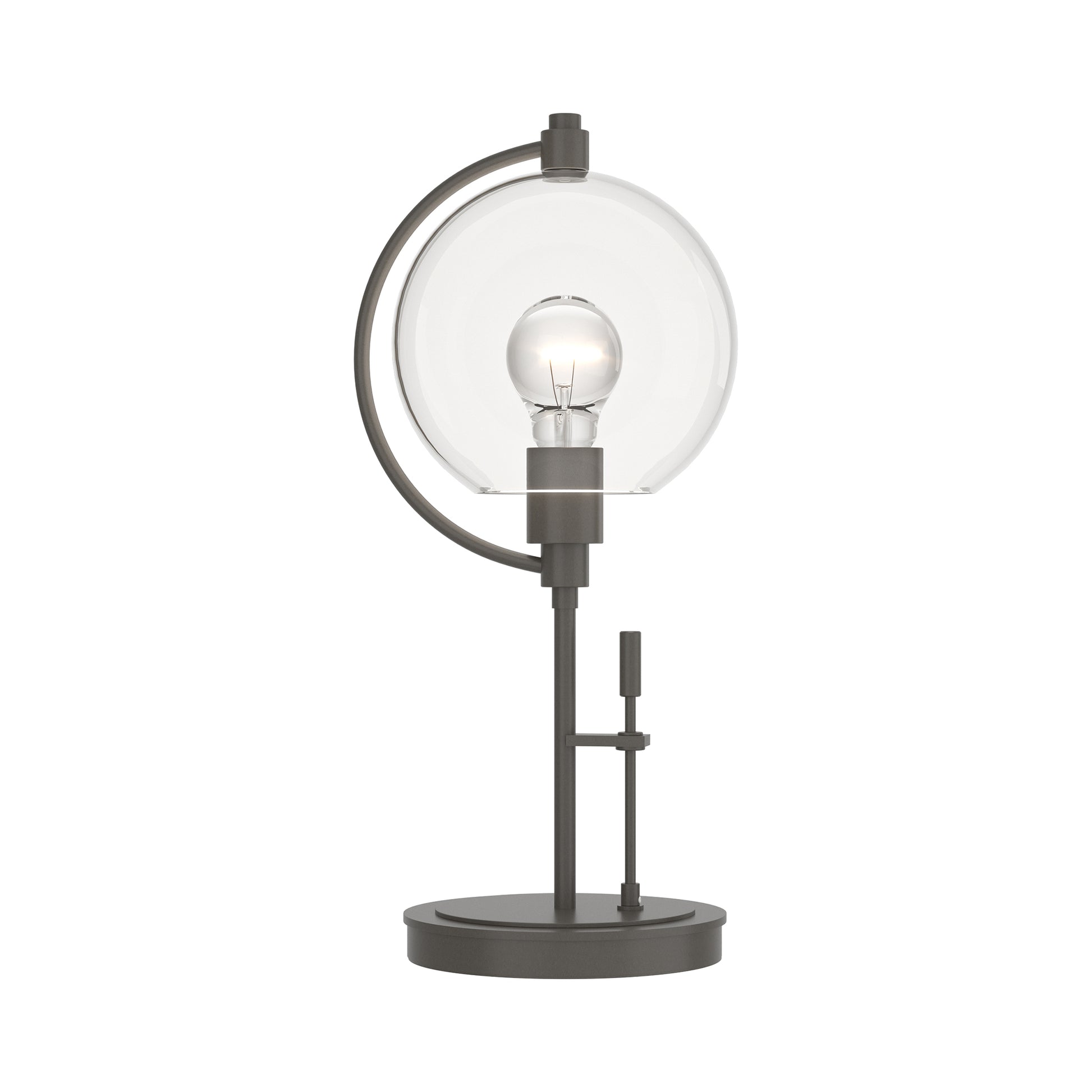 Pluto Table Lamp by Hubbardton Forge with a circular glass shade, exposed bulb, and black handcrafted metal base.