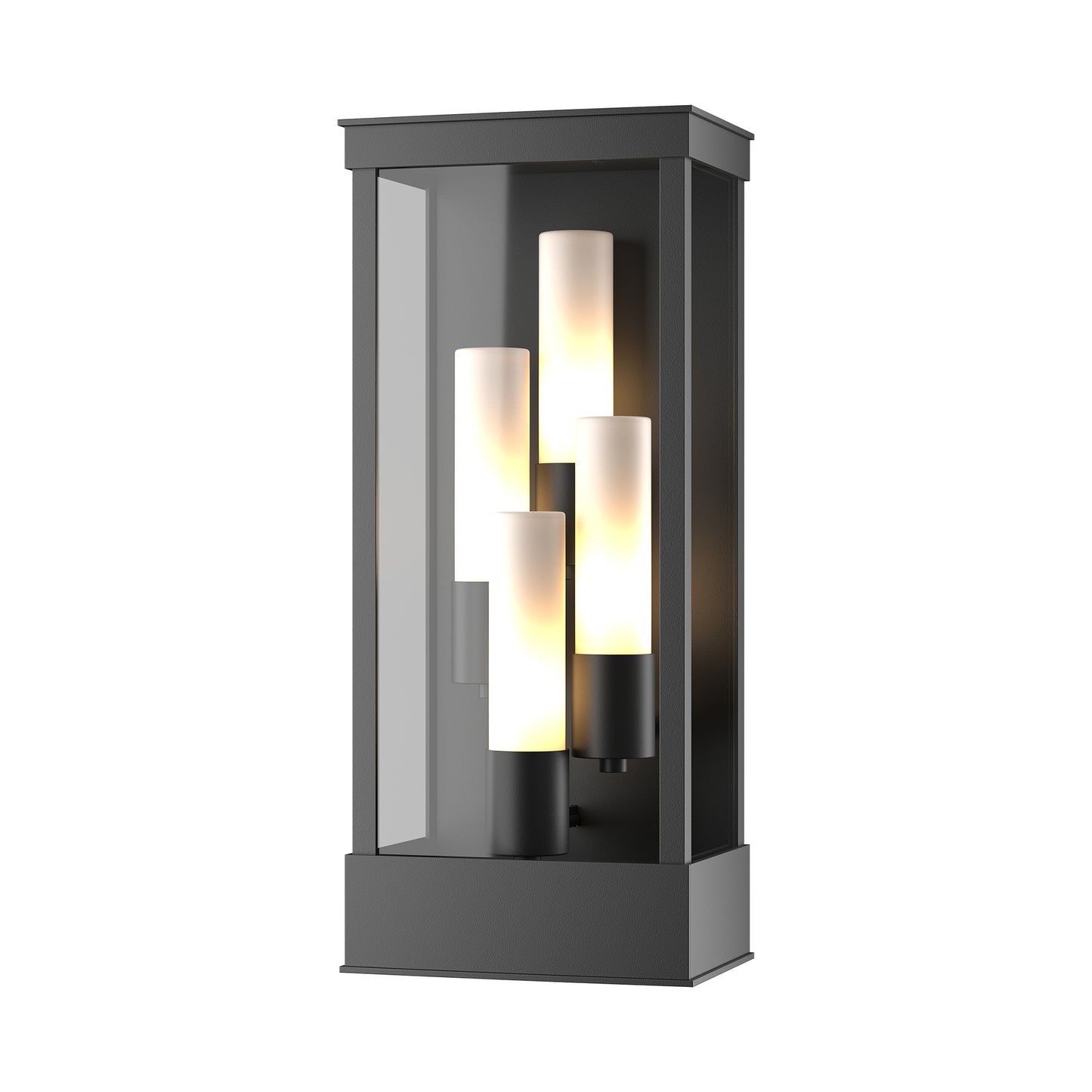 Portico Large Outdoor Sconce by Hubbardton Forge features sleek black metal and frosted glass, showcasing modern, handcrafted American lighting design.