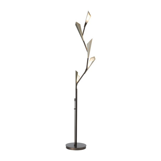Hubbardton Forge Quill Torchiere floor lamp with three sculptural leaf-inspired LED lights and a sleek dark metal stand.