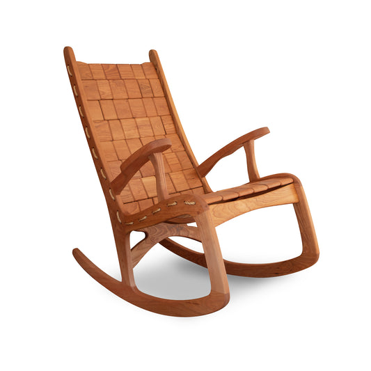Vermont Folk Rocker Special Order Quilted Rocking Chair, angled right, with woven seat and backrest, handcrafted from quality wood.