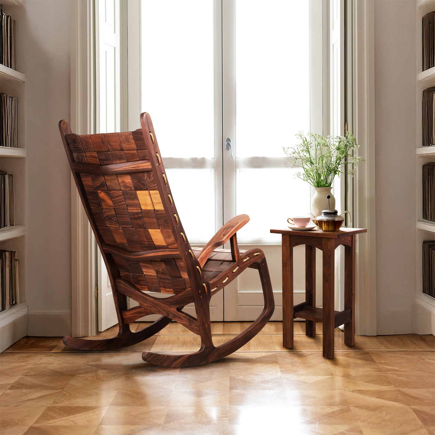 Quilted Vermont Walnut Rocking Chair by Vermont Folk Rocker paired with a matching side table, showcasing fine American craftsmanship.