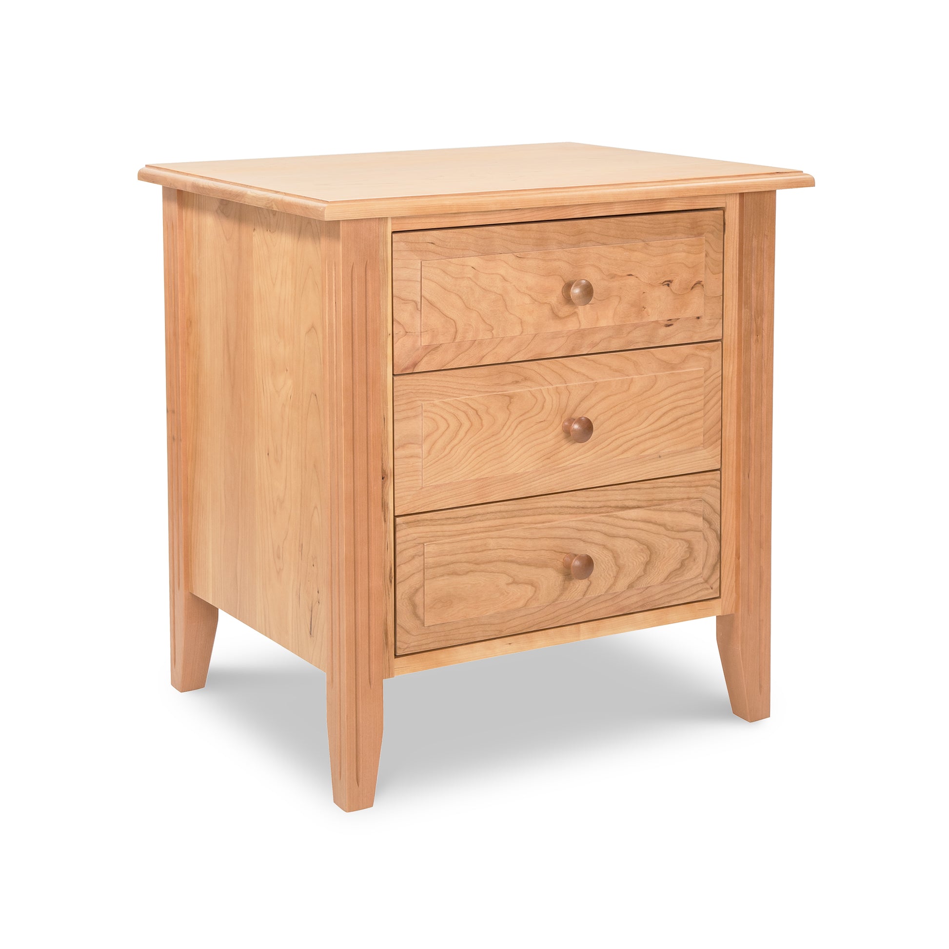 Renfrew Shaker 3-Drawer Nightstand by Lyndon Furniture, showcasing natural wood finish, minimalist design, and round drawer knobs.