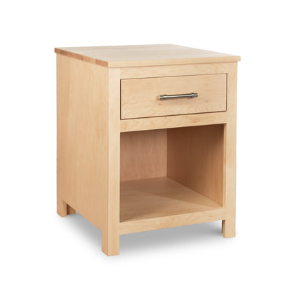 Rockingham 1-Drawer Nightstand by Vermont Woods Studios in light wood finish with metal handle, single drawer, and open shelf.