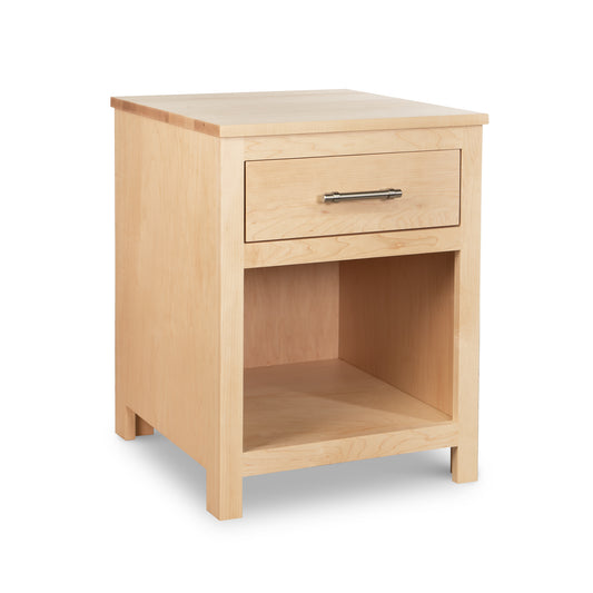 Rockingham 1-Drawer Nightstand by Vermont Woods Studios in light wood finish with metal handle, single drawer, and open shelf.