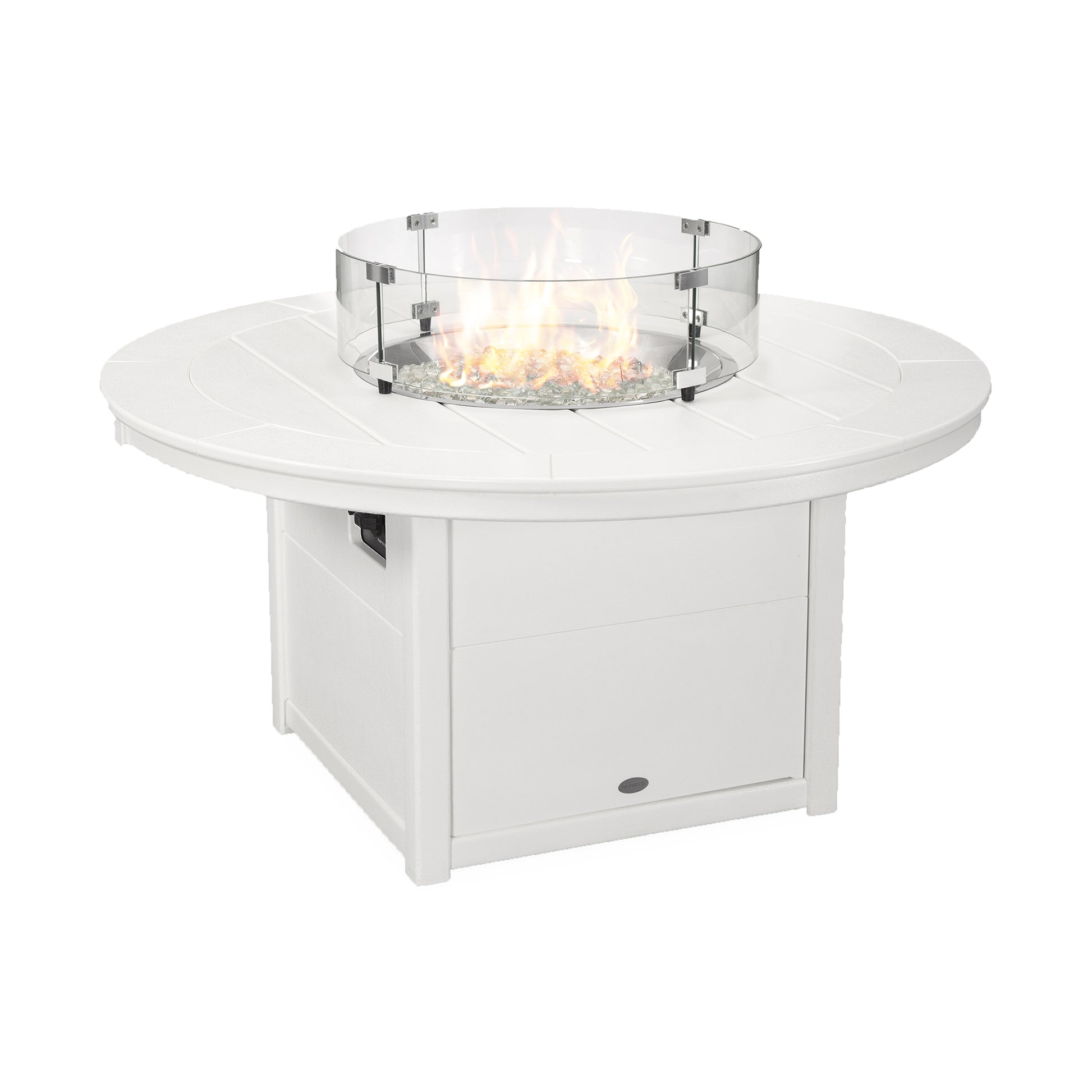 POLYWOOD Round 48" Fire Pit Table with white base, round top, stainless steel burner, and central circular glass shield.