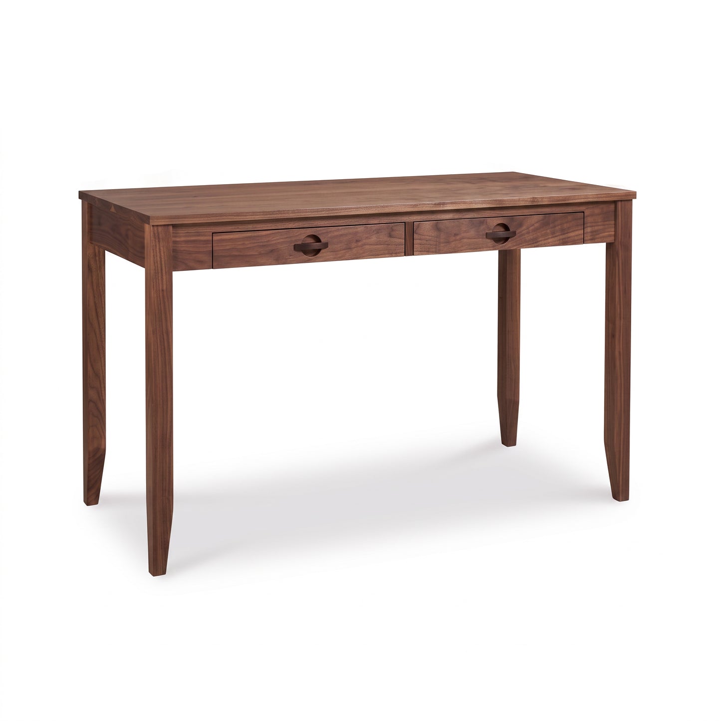 Ryegate Writing Desk by Maple Corner Woodworks in solid wood, showcasing two drawers and elegant tapered legs, handcrafted in Vermont.