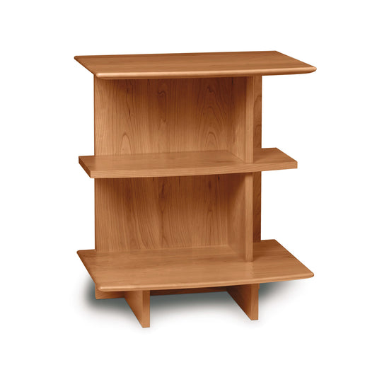 Pair of Copeland Sarah Open Shelf Nightstands with three offset tiers and a natural wood finish, crafted in the USA.