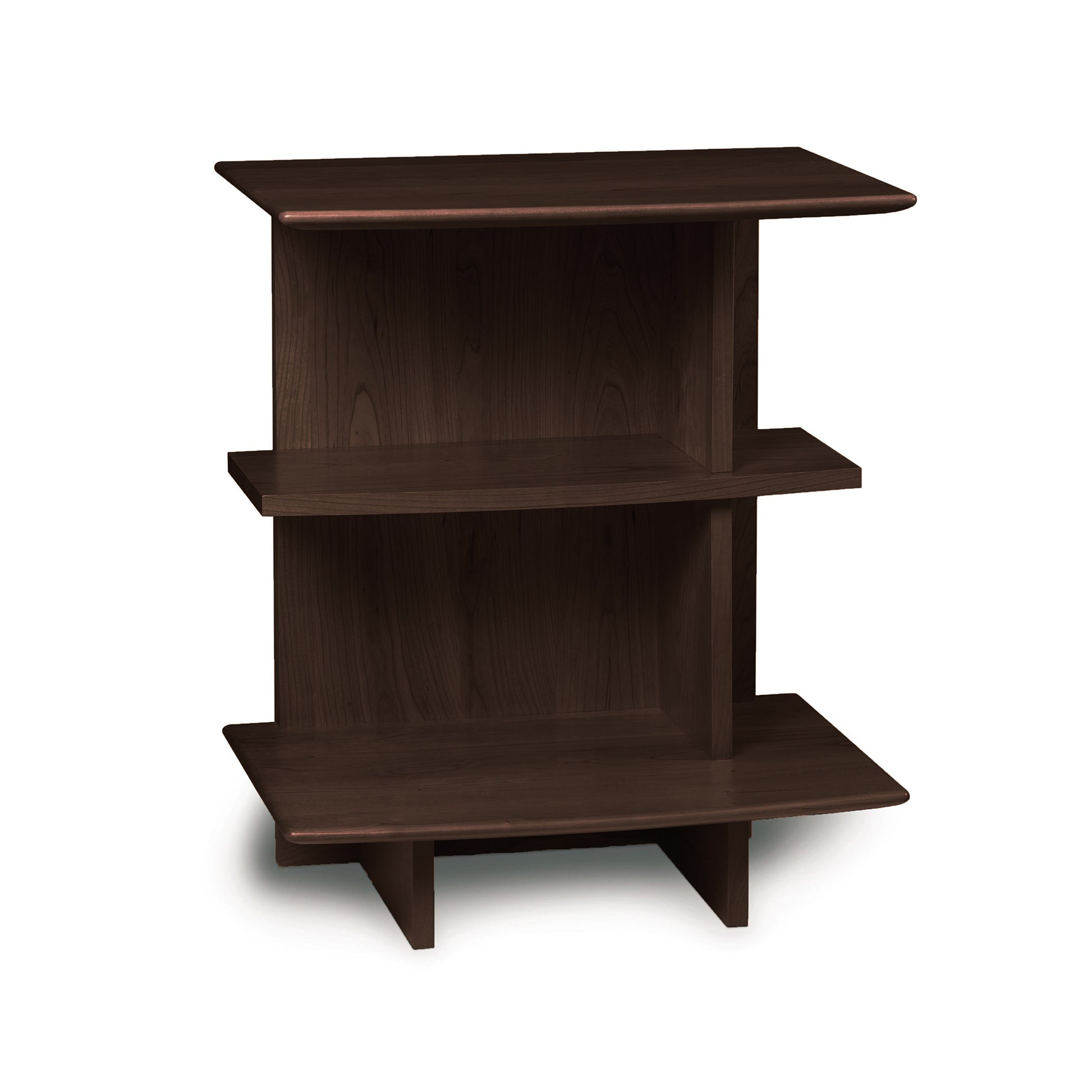 Sarah Open Shelf Nightstand by Copeland Furniture with dark wood finish and three shelves, made from sustainably harvested wood.