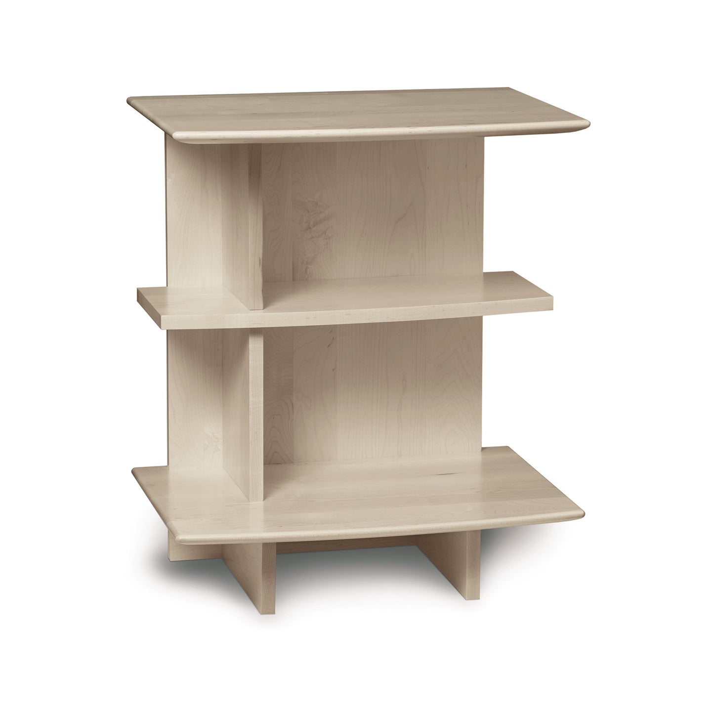 Light wood three-tiered Copeland Furniture nightstand with asymmetrical shelves from the Sarah Collection.