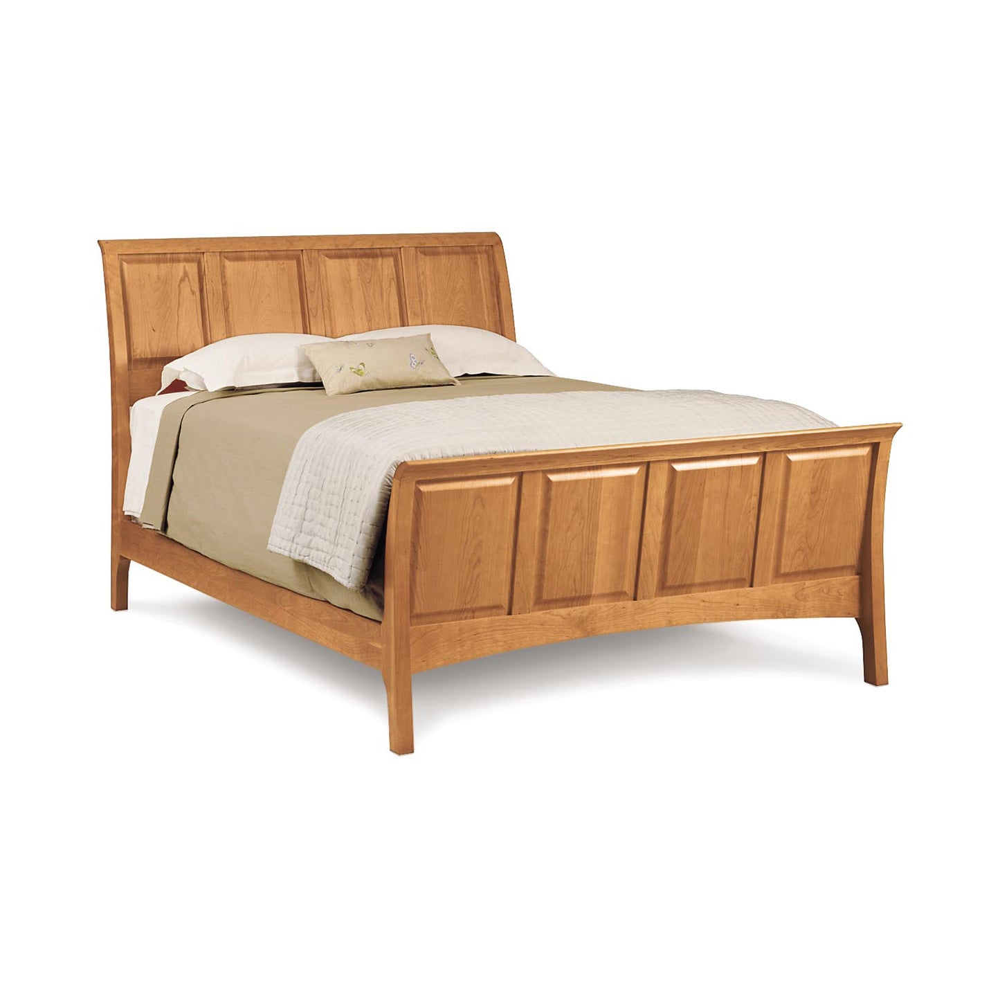 Copeland Furniture Sarah High Footboard Sleigh Bed with paneled headboard and footboard shown in natural wood finish, neatly made with bedding.