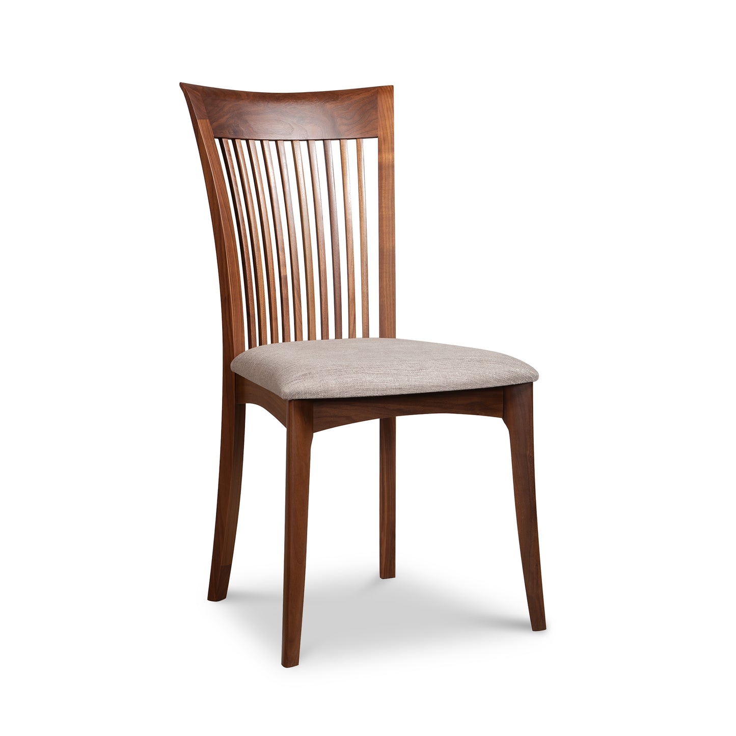 Set of six Copeland Sarah Shaker Side Chairs with slatted backs, beige cushions, and solid American cherry wood frames, handcrafted in Vermont.