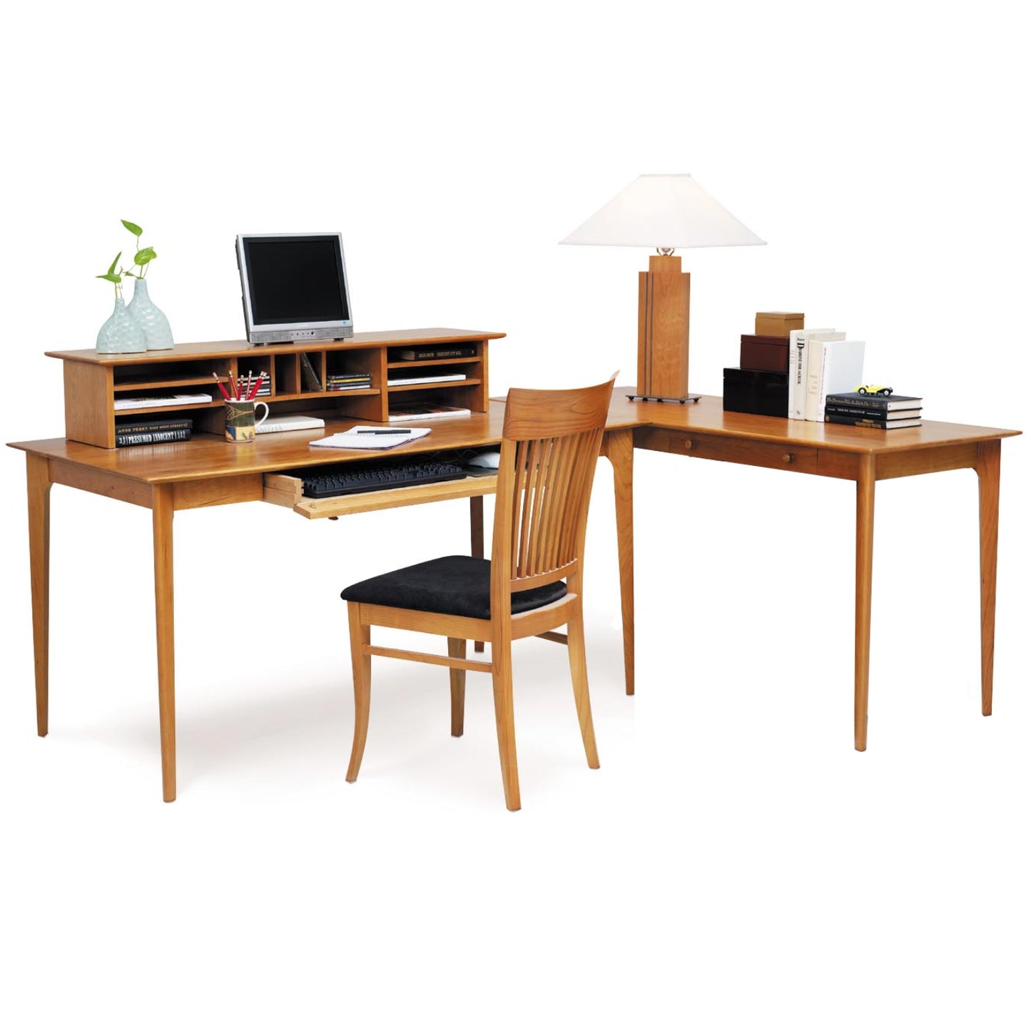 Copeland Furniture's Sarah Desk, Return and Organizer Set floor model showcases elegant craftsmanship and versatile storage in solid wood.