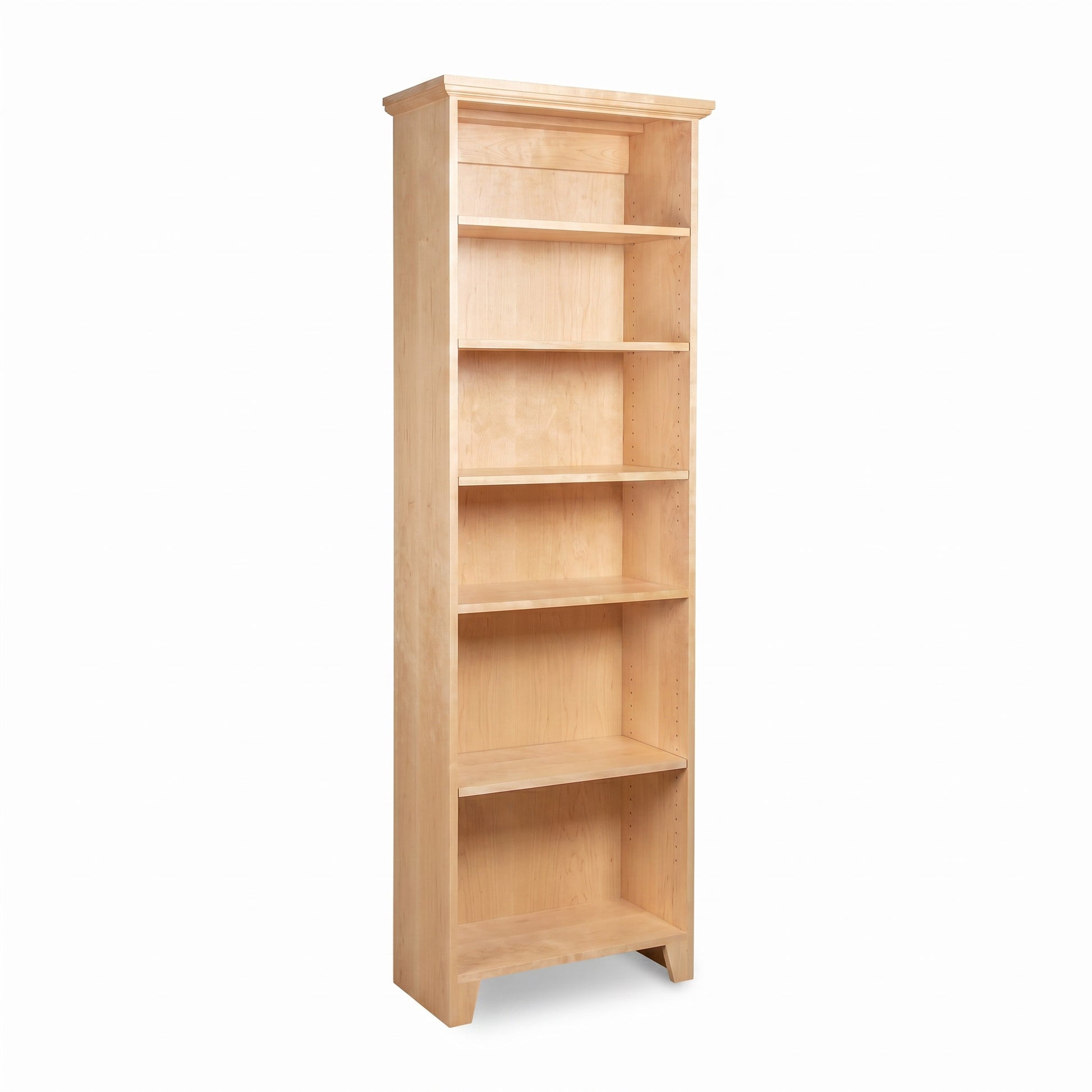 Lyndon Furniture Shaker Bookcase in light wood features six open shelves, showcasing American craftsmanship and timeless shaker design.