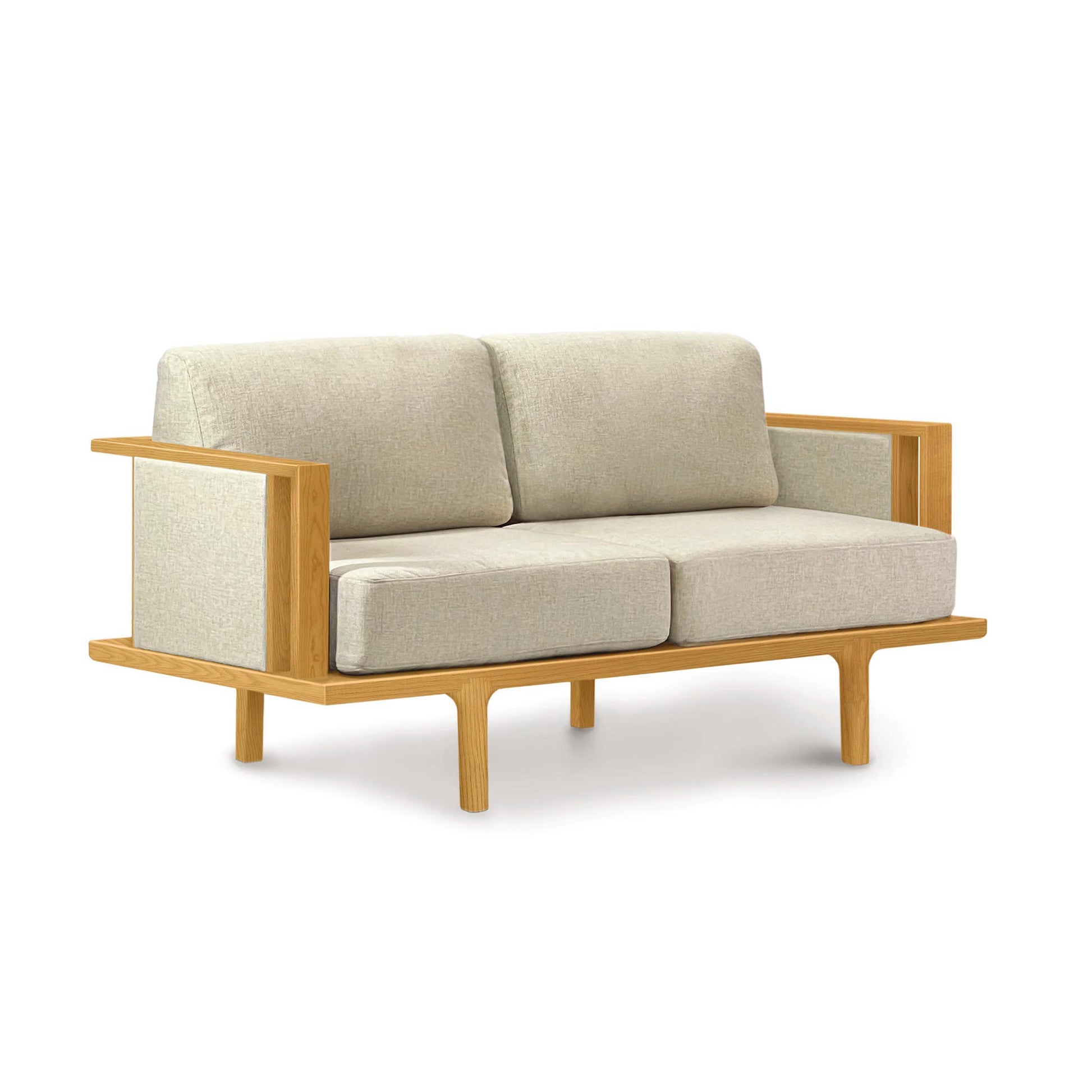 Sierra Upholstered Loveseat by Copeland Furniture with light beige fabric panels, open armrests, and a solid wood frame crafted in the USA.