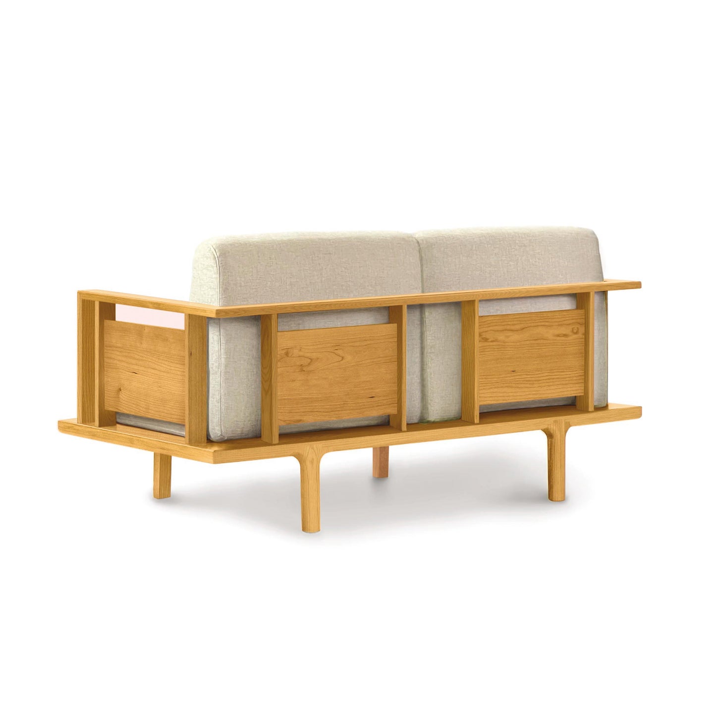 Sierra Upholstered Loveseat by Copeland Furniture showcasing a sleek grid-like wooden frame with light beige cushions and modern design.