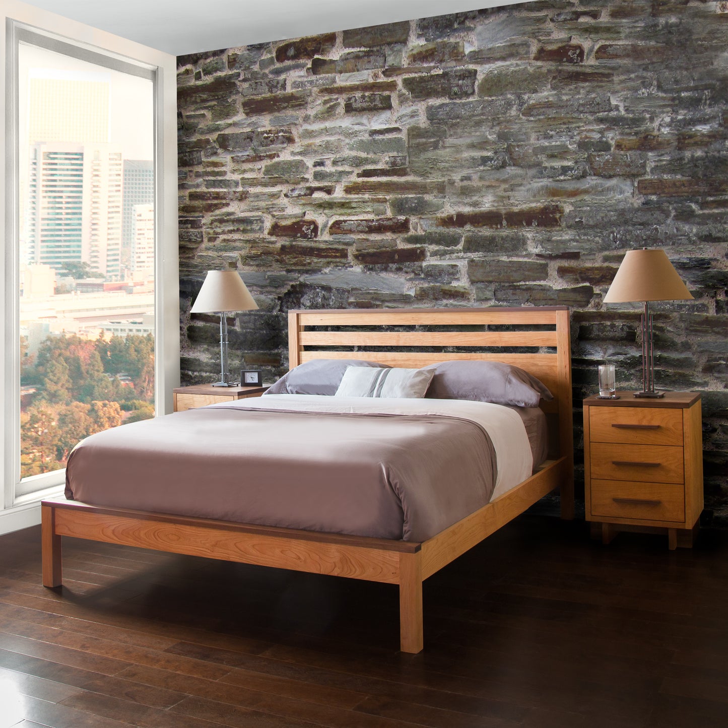 Solid hardwood bed and Vermont Furniture Designs nightstands in a modern bedroom, showcasing quality American made furniture.