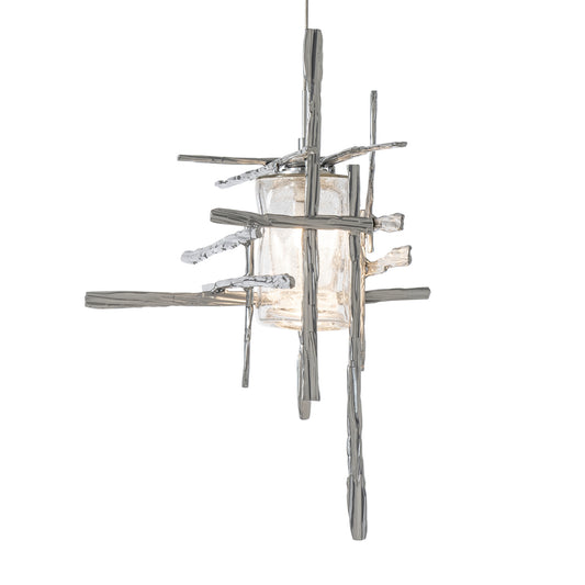 Close-up of the Tura Seeded Glass Low Voltage Mini Pendant by Hubbardton Forge, showcasing its geometric rods and frosted glass shade.