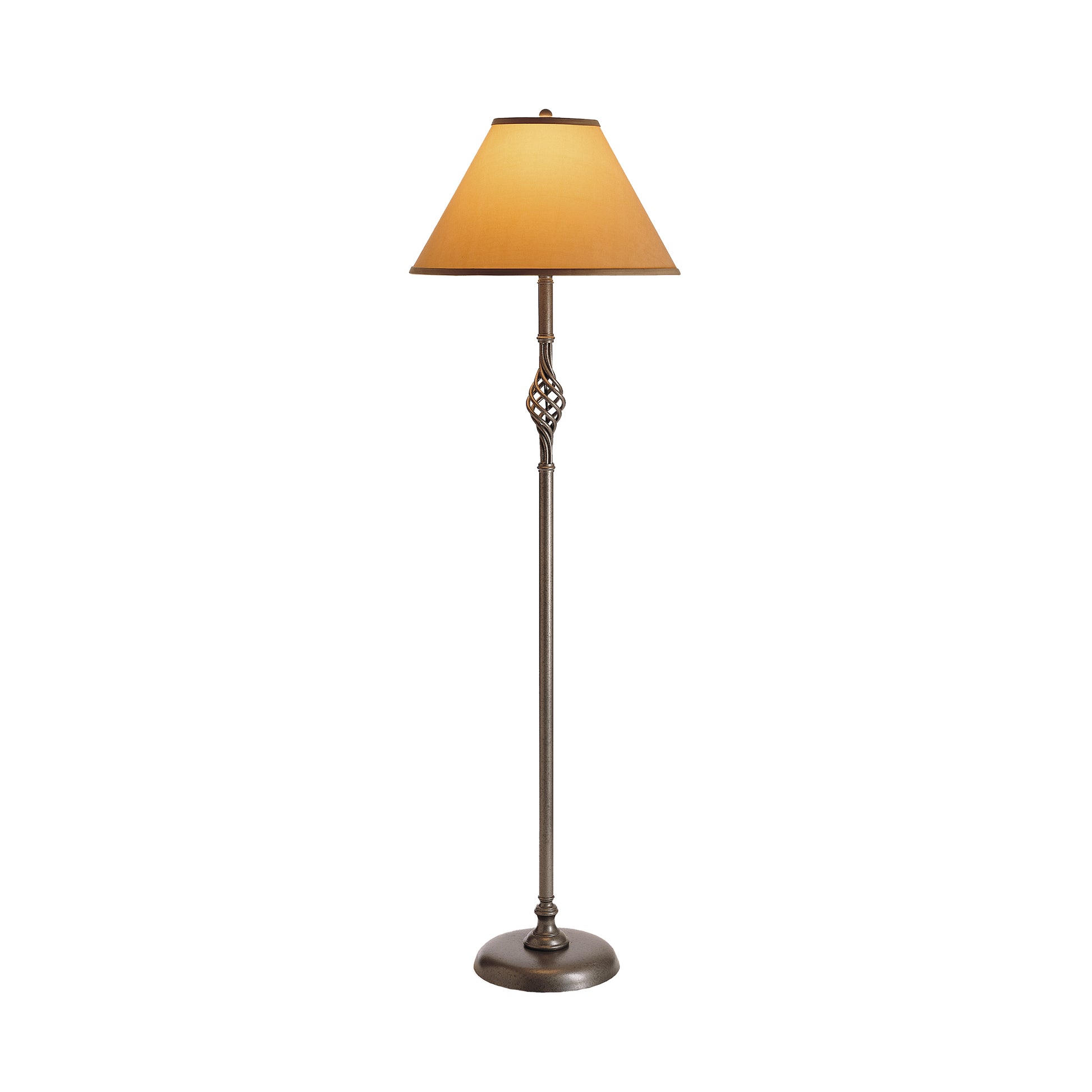 Hubbardton Forge Twist Basket Floor Lamp with handcrafted metal base and beige shade, American made, available by special order.
